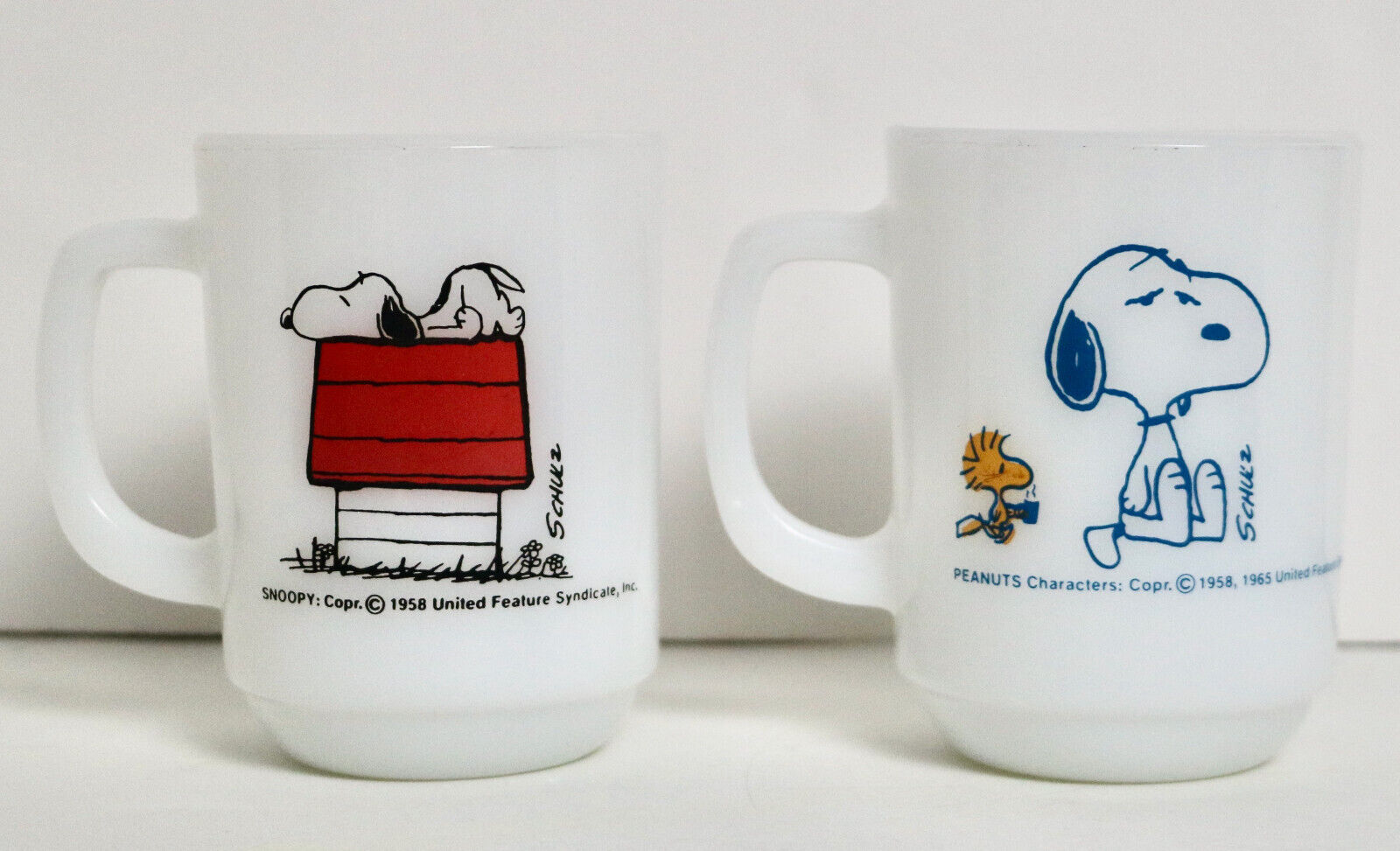 Peanuts Snoopy set of 2 milk glass Fire King mugs vintage Allergic Coffee Break