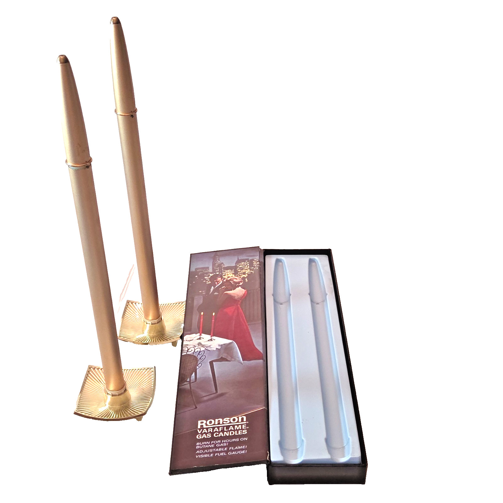 Ronson Varaflame Adjustable Flame Gold Metal Candles Set of 2 Mid Century Modern Ronson Varaflame Adjustable Flame Gold Metal Candles Set of 2 Mid Century Modern