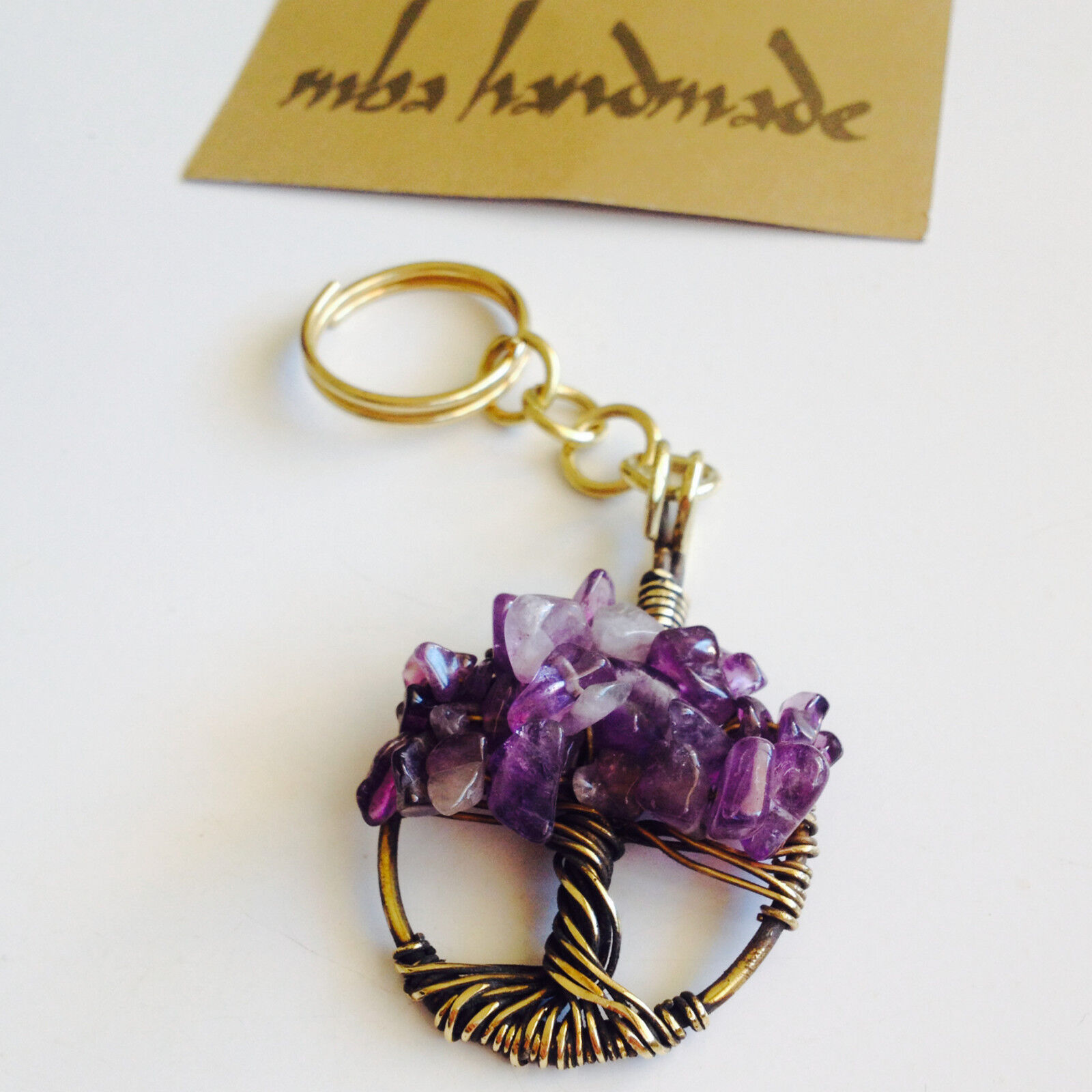 Amethyst Crystals Tree Of Life Keychain (Keyring) Antiqued Brass Wire Wrapped