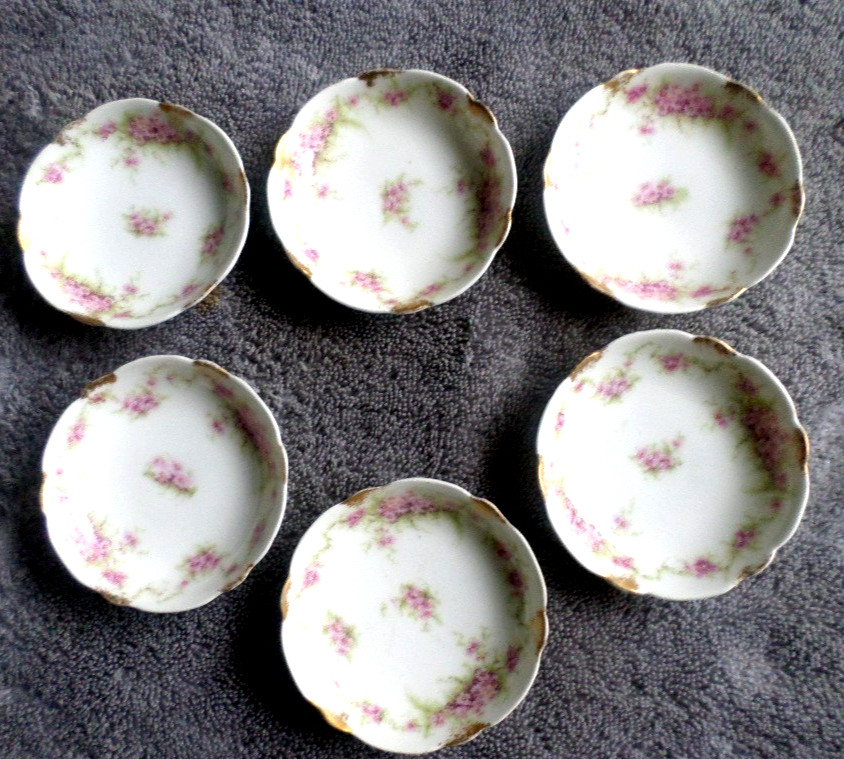Vintage Theodore Haviland Butter Pats 6 PINK Flowers GOLD Accent