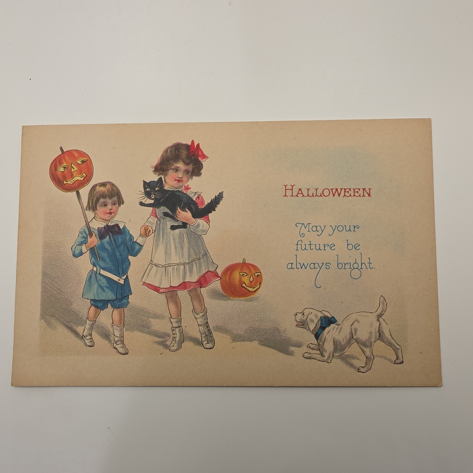 Antique Stecher Halloween Children Boy Girl Black Cat Jack O Lantern Pumpkin
