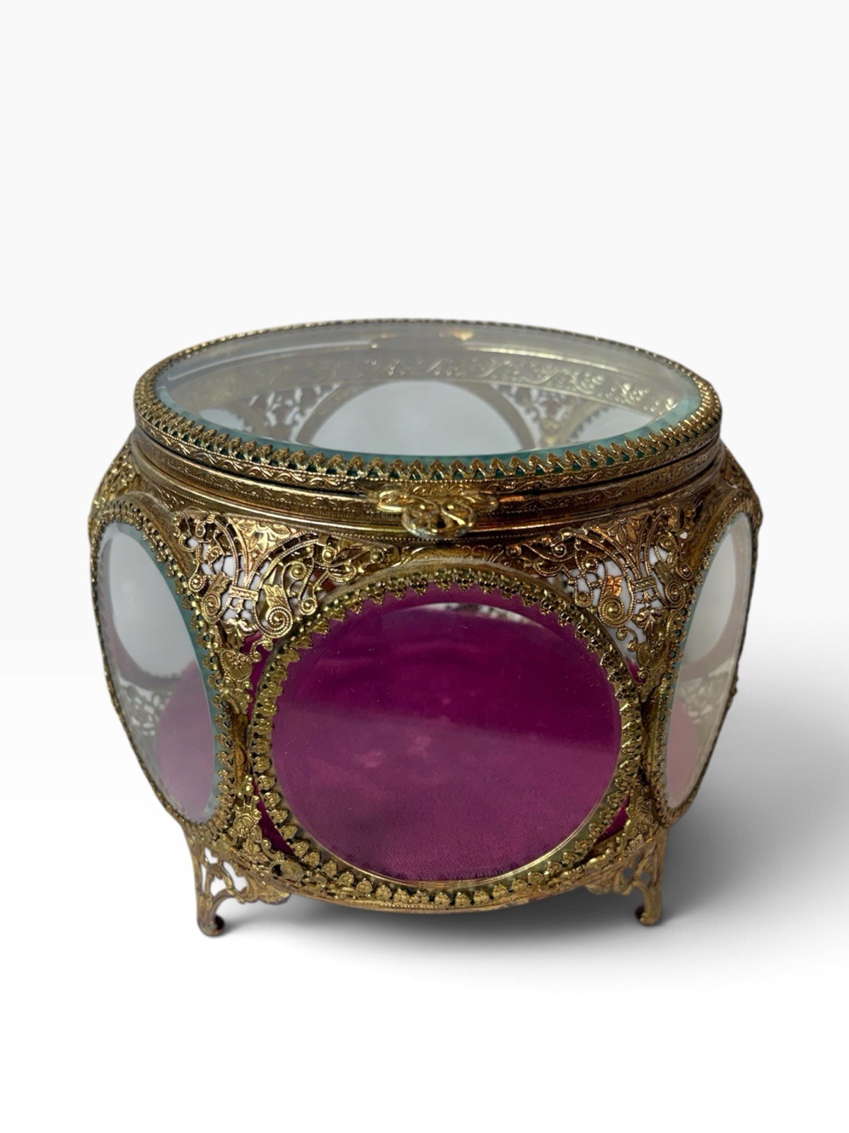 Vintage Faceted Glass Jewelry Casket Box Cranberry Velvet Gold Filigree Footed