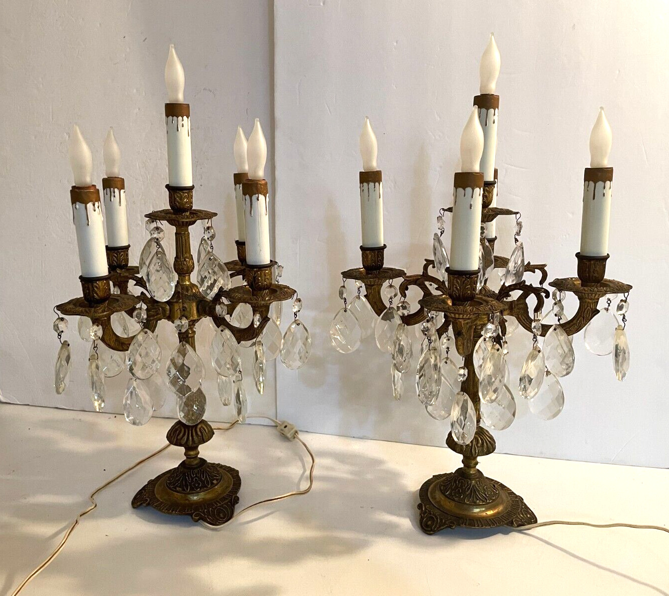Vintage Pair of Brass Spanish Electric Candelabra Table Lamps 5 Candles