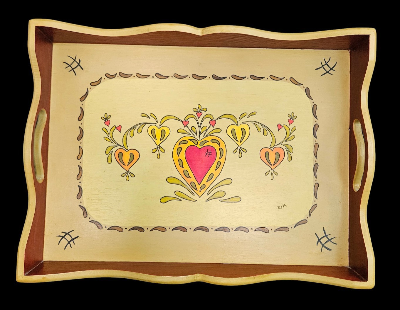 Vintage Hand Painted Wooden Tray Handles Hearts Cottagecore Grannycore 19