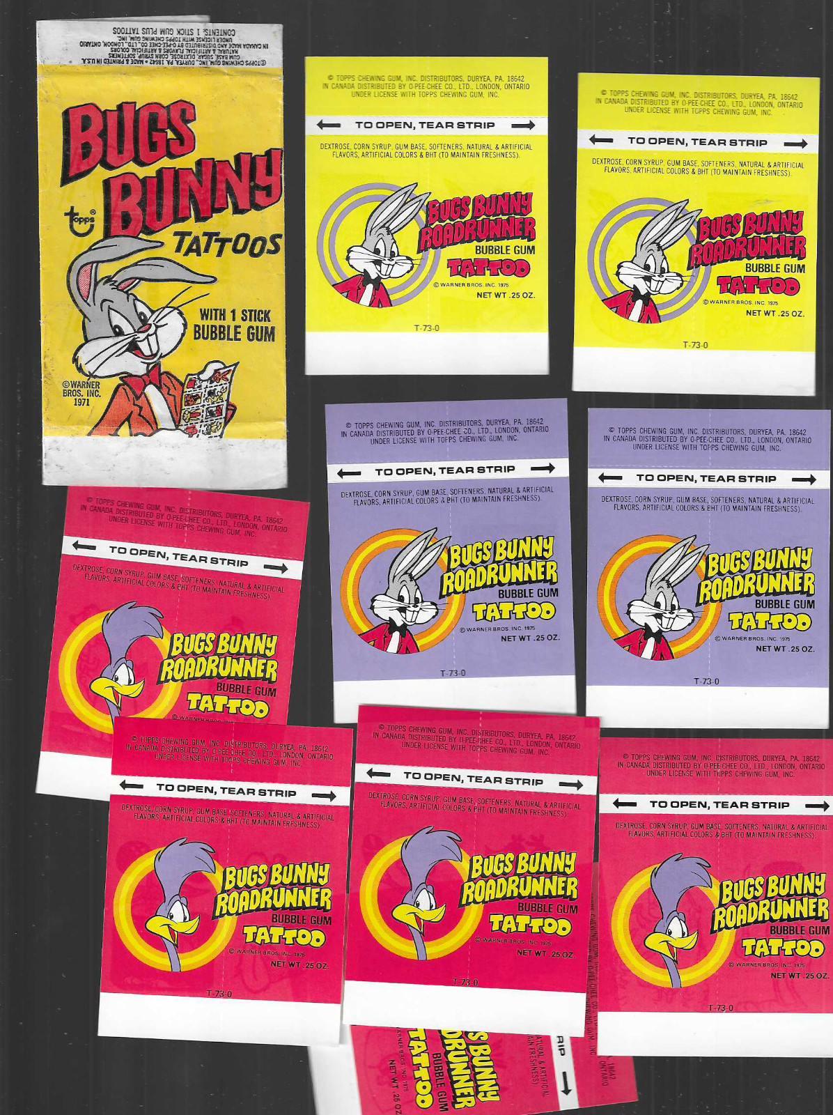 vintage lot of 9 unused 1975 Warner Bros. BUBBLE GUM TATTOO plus one loose wrap