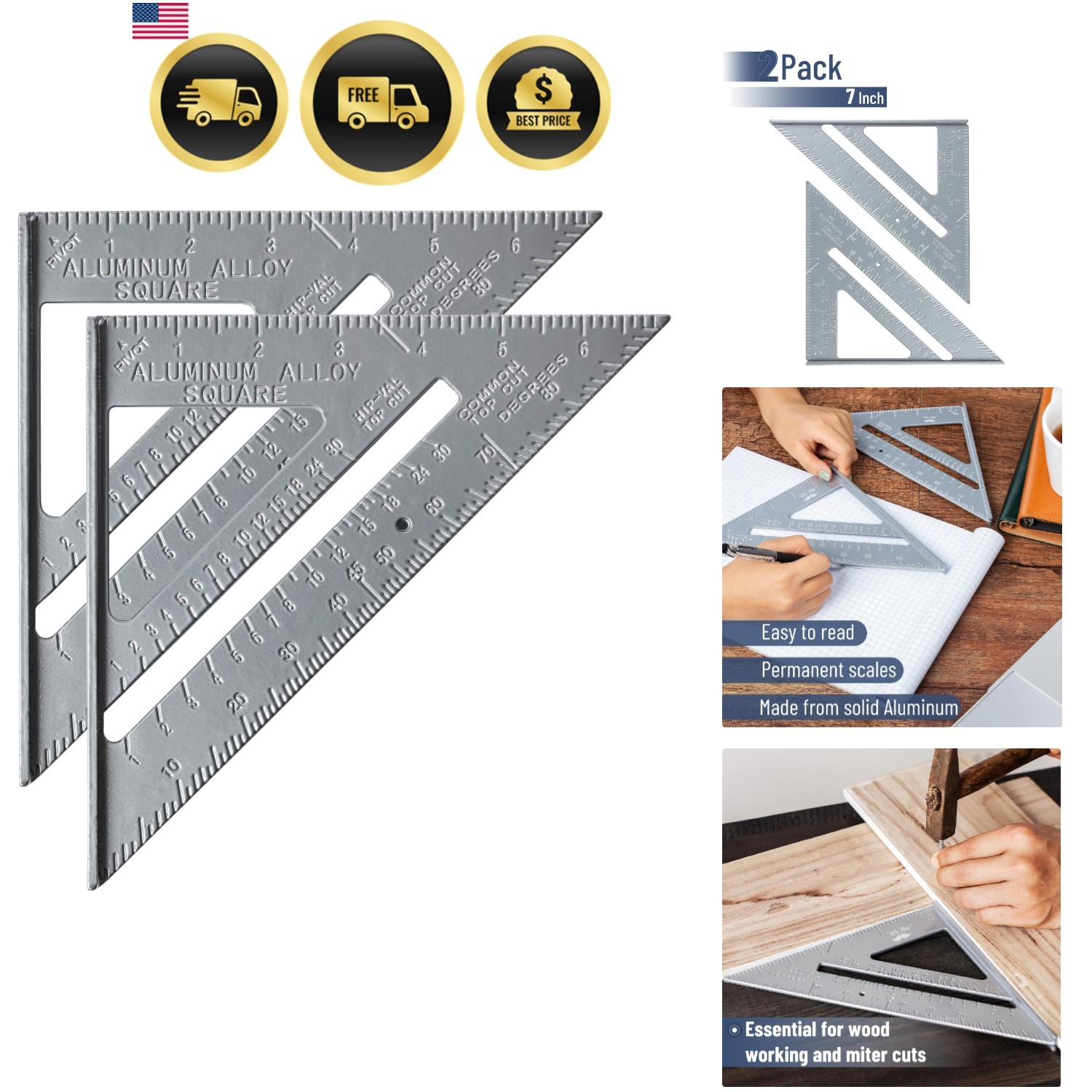 Metal 7 Inches Rafter Square, Carpenter Square, 2 Pack