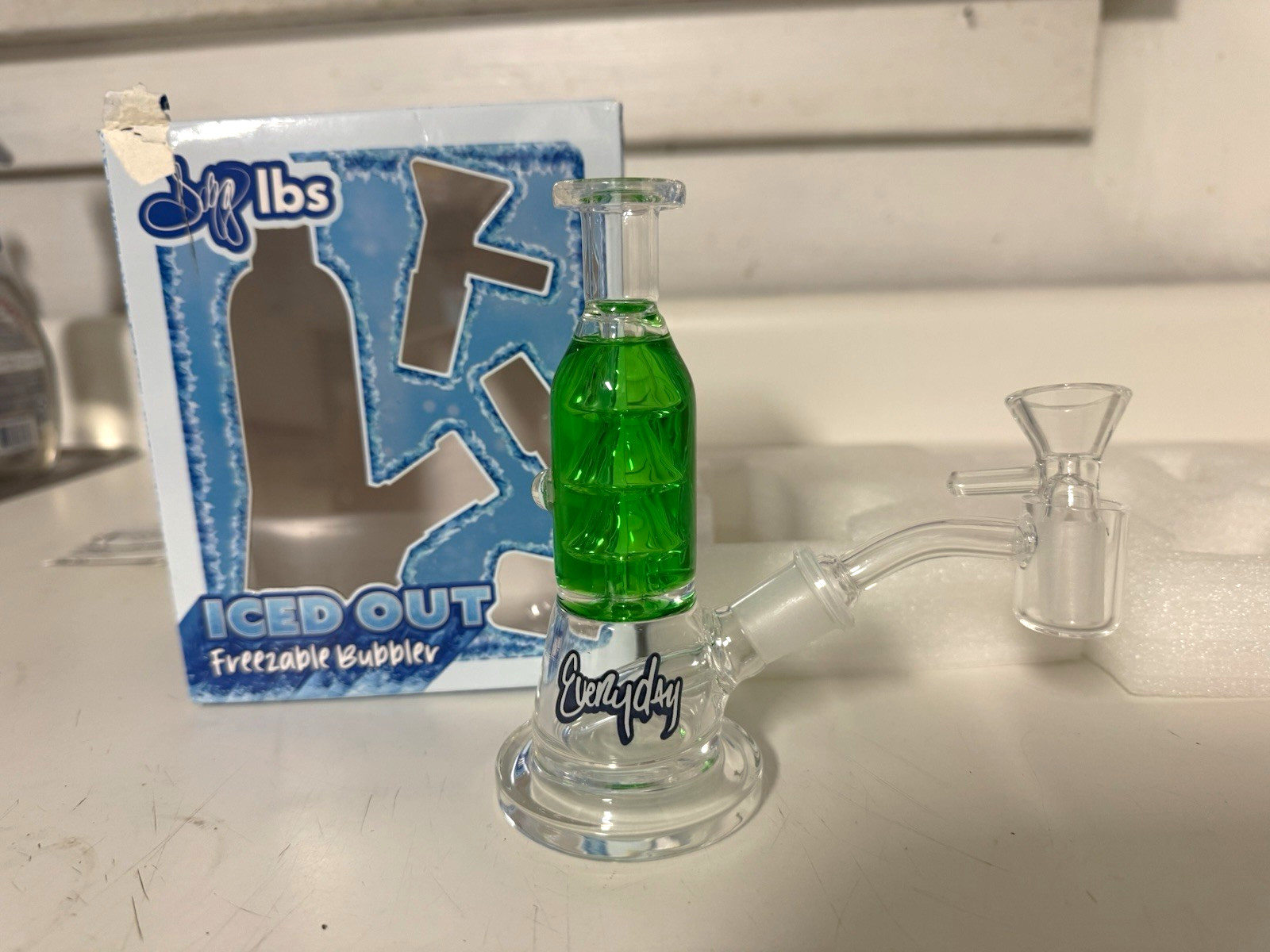 Snoop Dogg Iced Out Freezable Glass Bubbler w/ Bowl Handmade Green/Clear Snoop Dogg Iced Out Freezable Glass Bubbler w/ Bowl Handmade Green/Clear