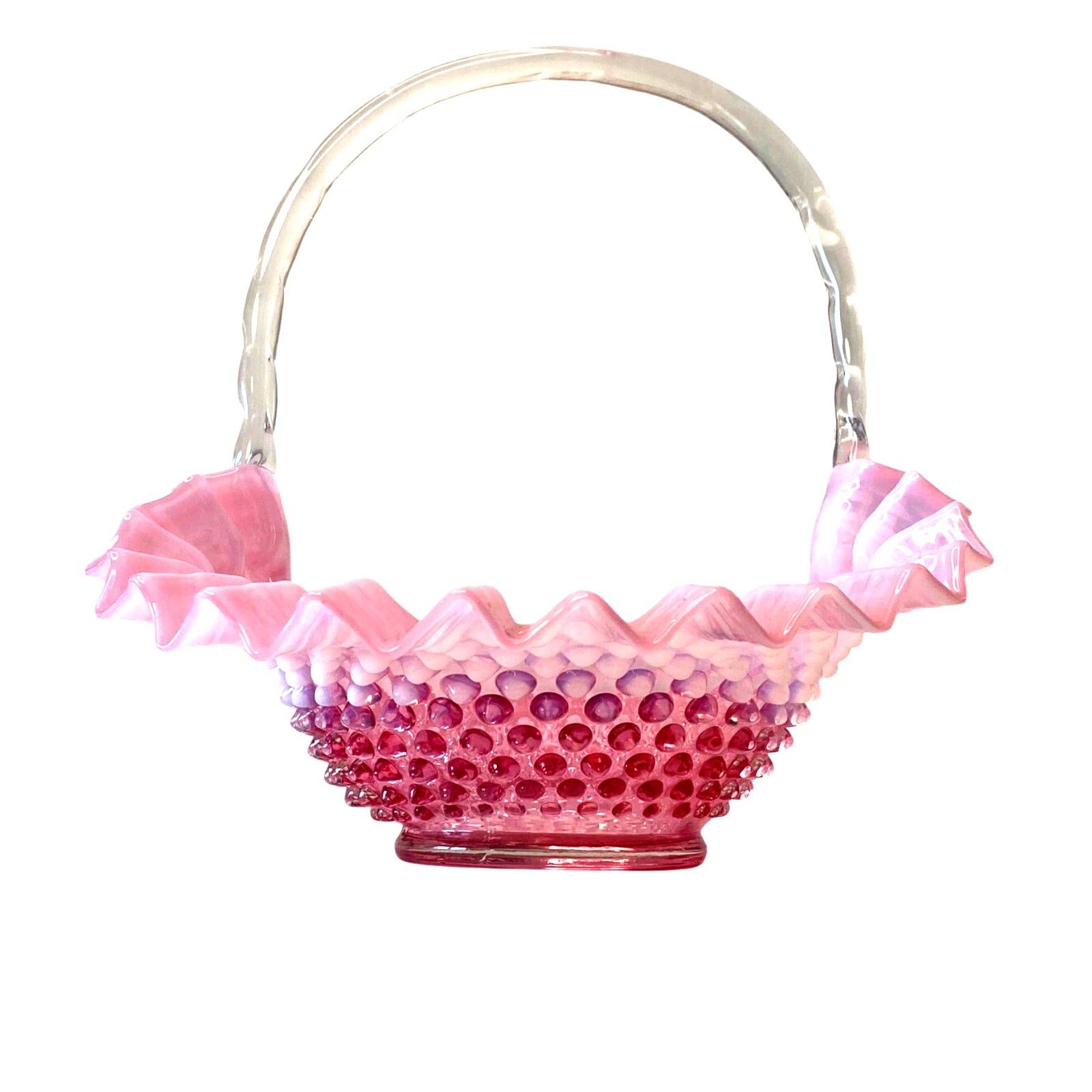Fenton Cranberry Opalescent Hobnail Crimped Basket Clear Handle 10.5