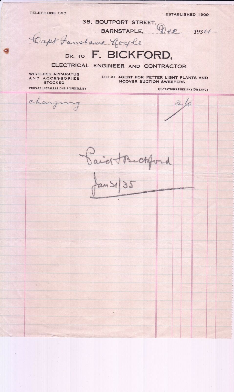 F. BICKFORD, Southport St, 1934 Electrical Engineer/Contractor Invoice Ref 47951