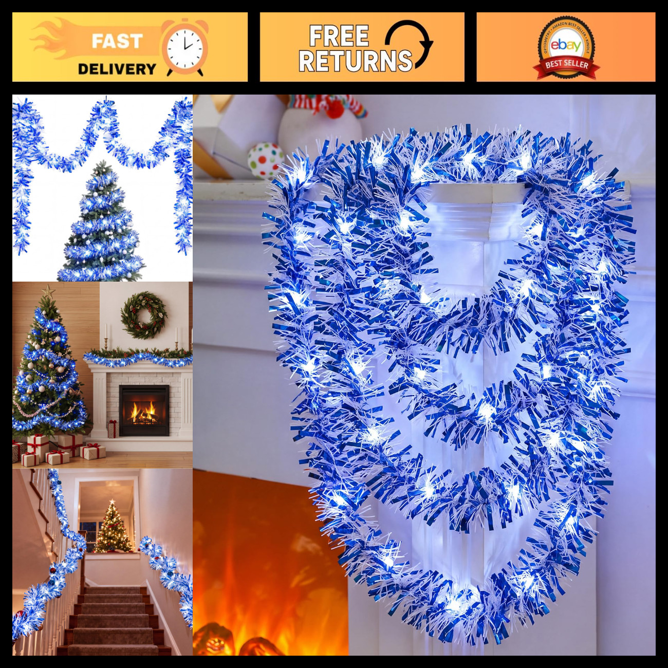 16.4ft Lighted Tinsel Twist Garland - White & Blue Christmas Decor, Holiday Ligh