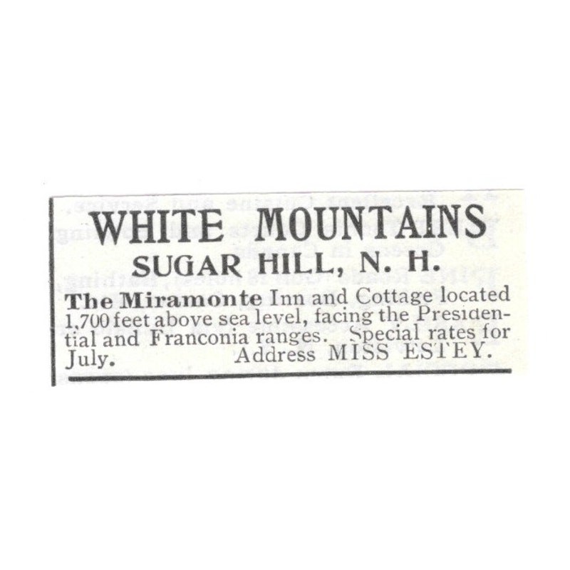The Miramonte Inn And Cottage Ms Estey Sugar Hill NH 1903 Magazine Ad SAG6-S11