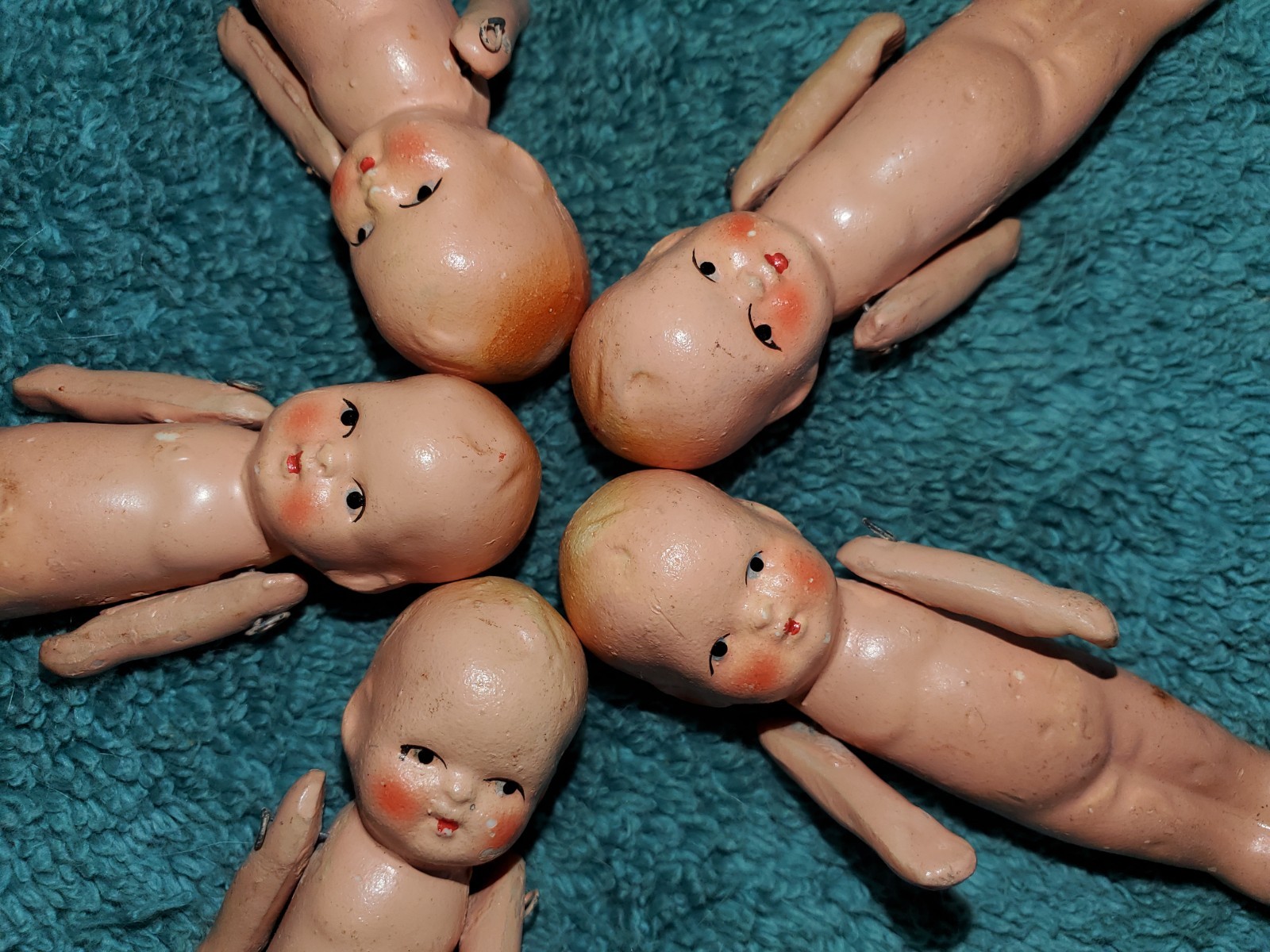 5 Antique 1930s All Bisque Babies Quintuplets Japan 
