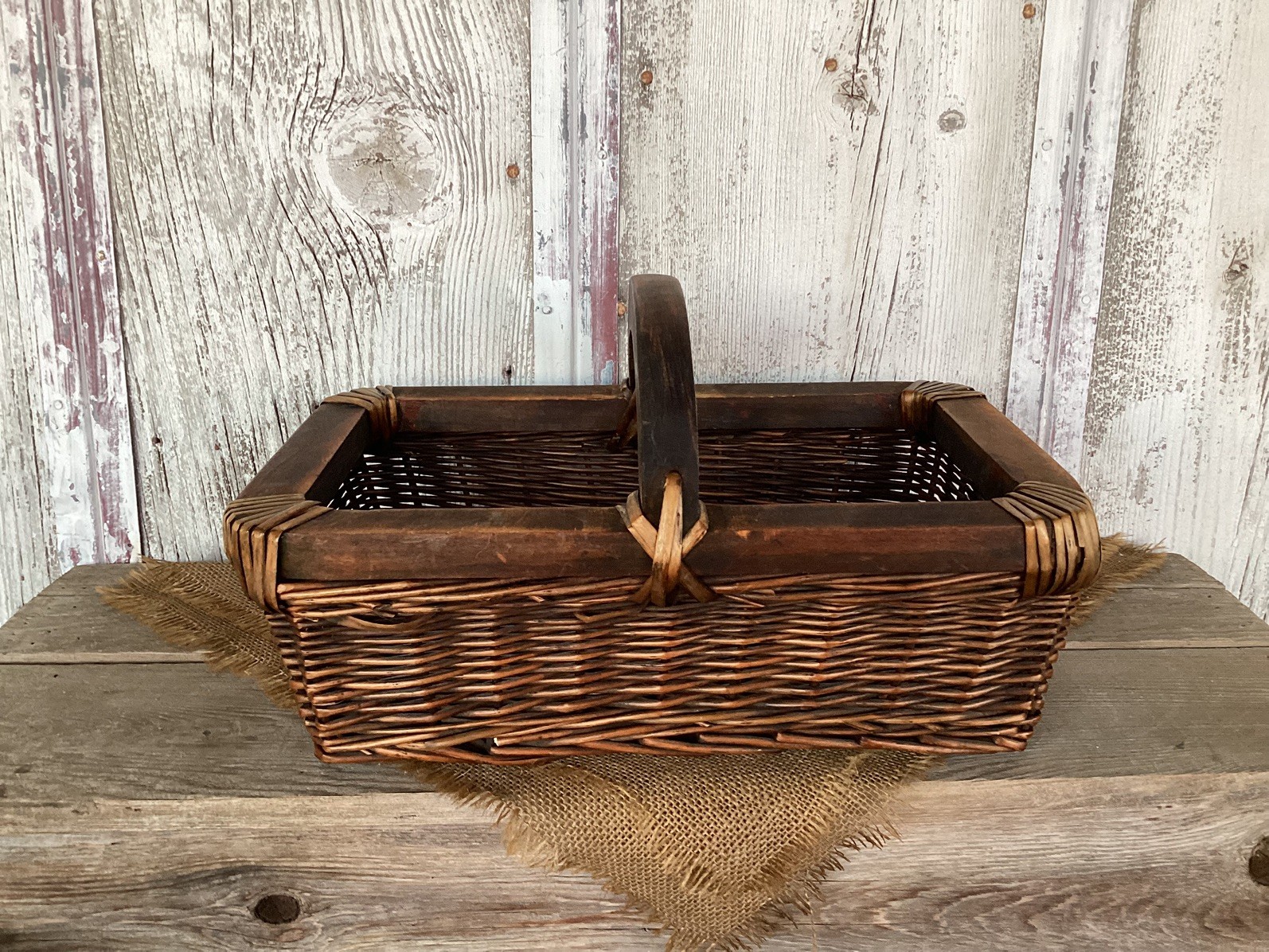 Vintage Rectangular Woven Gathering Basket With Wood Rim and Handle 14.5” L