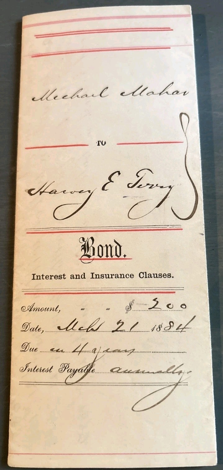 1884 New York Handwritten Bond Legal Document Michael Mahar to Harvey E Terry