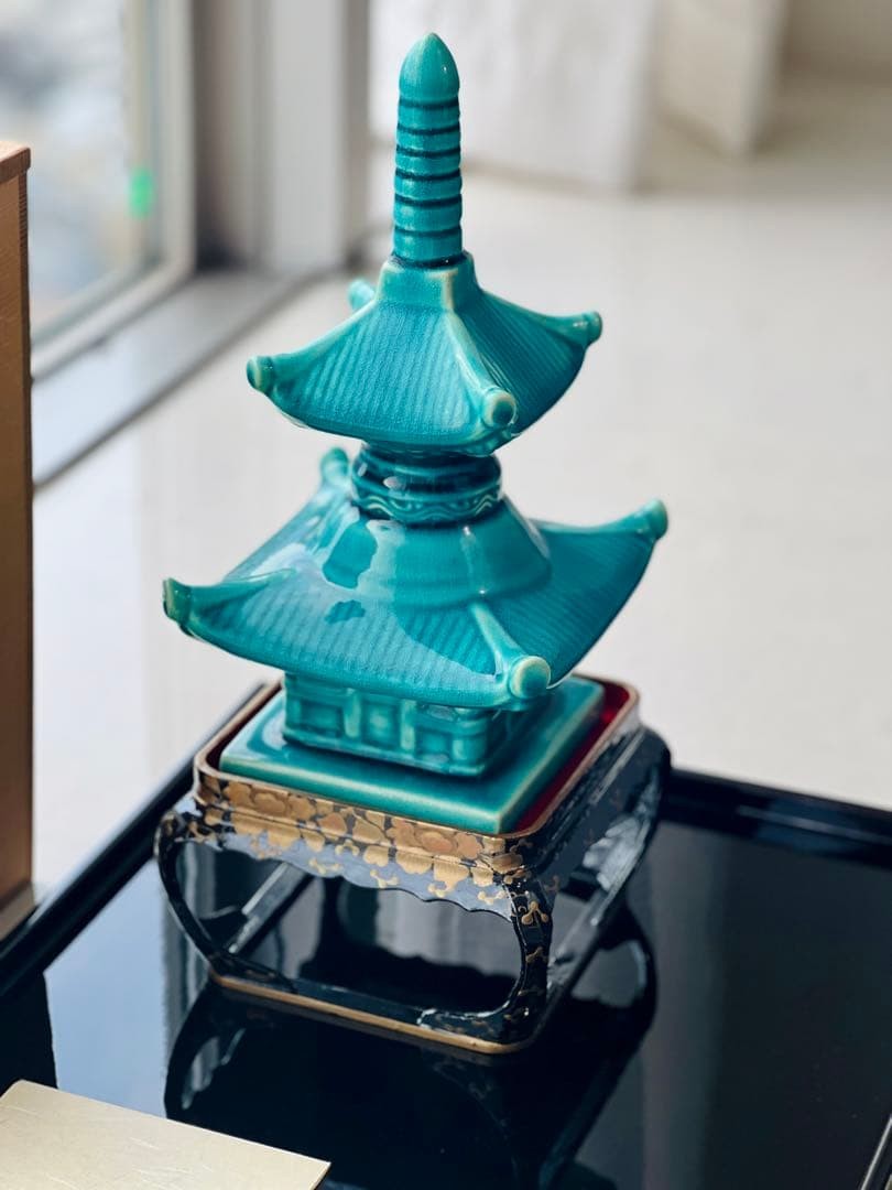 Yamazaki Koyo Blue Green Glaze Ceramic Multi-Tier Pagoda Ornament 22cm Collectib