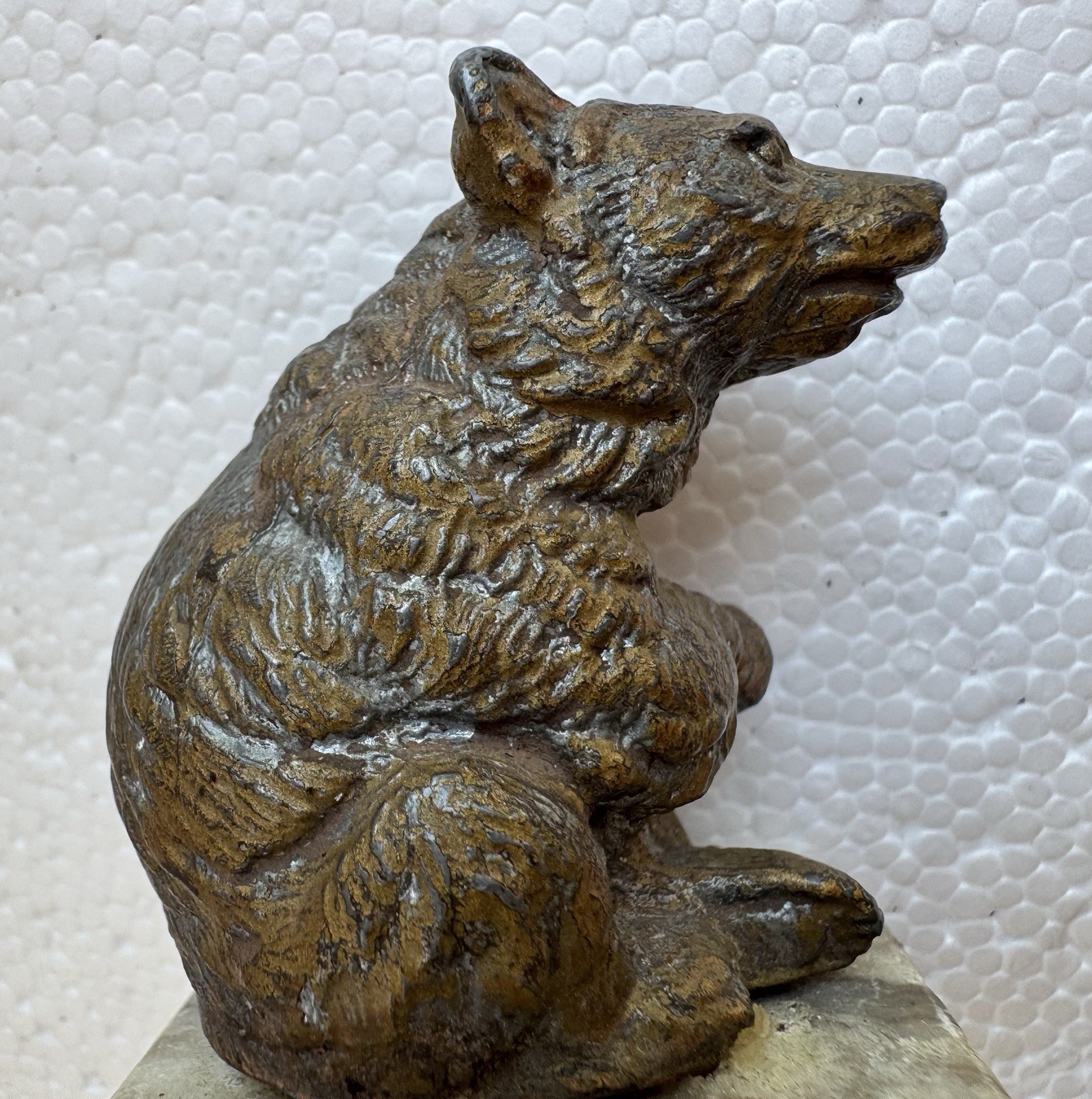 Antique Bronze? Grizzly Bear Stone Stand Metal Paper Weight Sitting Figurine