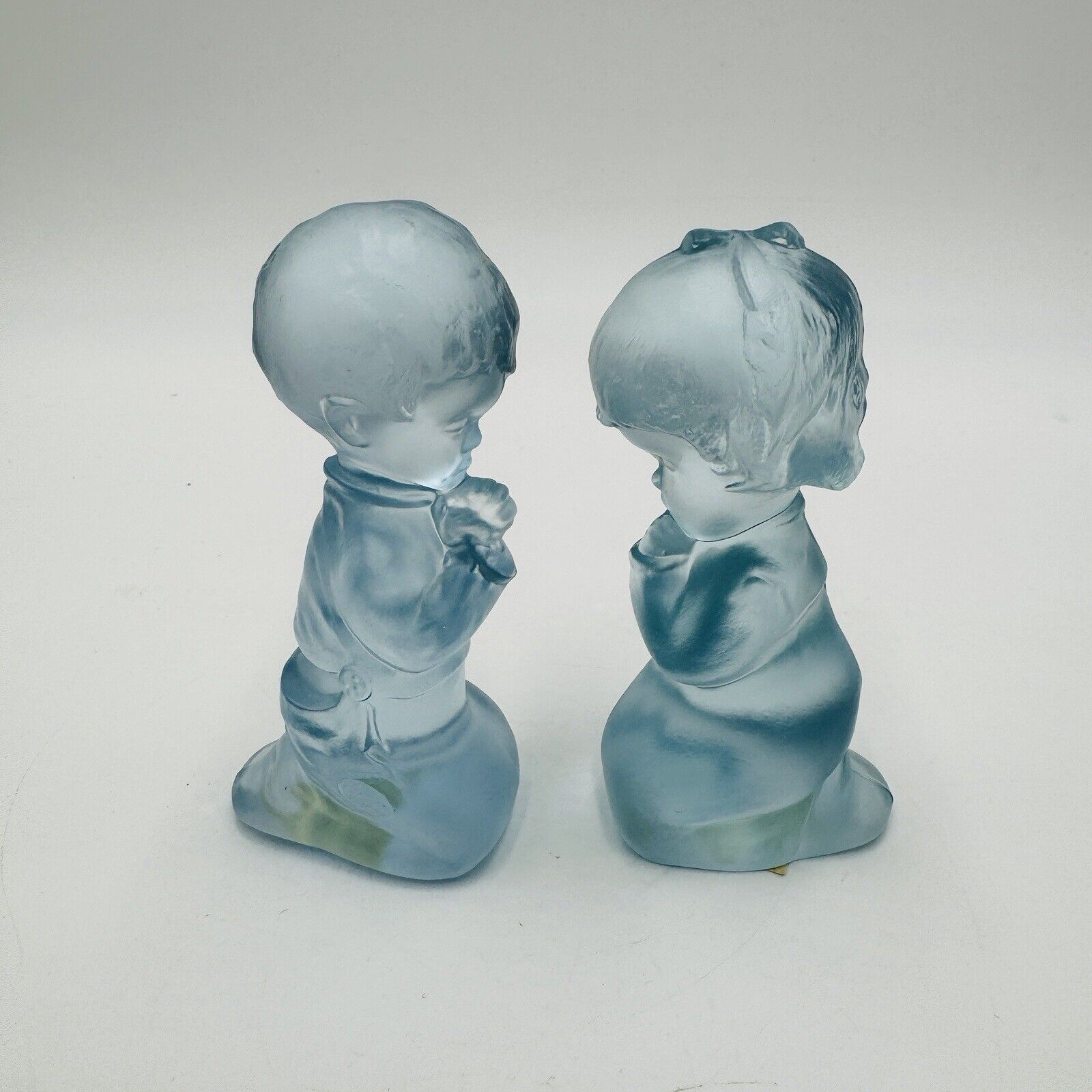 Fenton Art Glass Frosted Babies Blue Girl & Boy Kneeling Praying Figurines 3.5in
