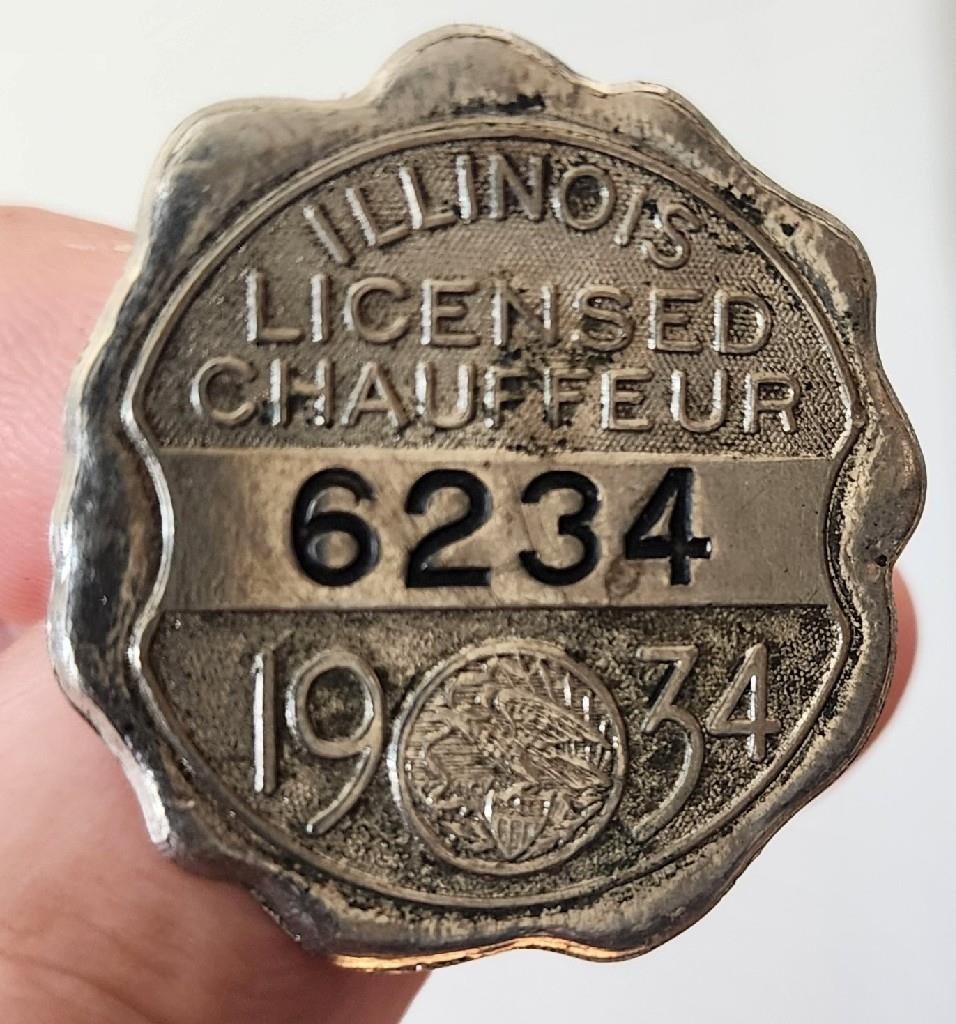 VINTAGE ANTIQUE 1934 ILLINOIS CHAUFFEUR TAXI LICENSE EMPLOYEE BADGE PIN #6234