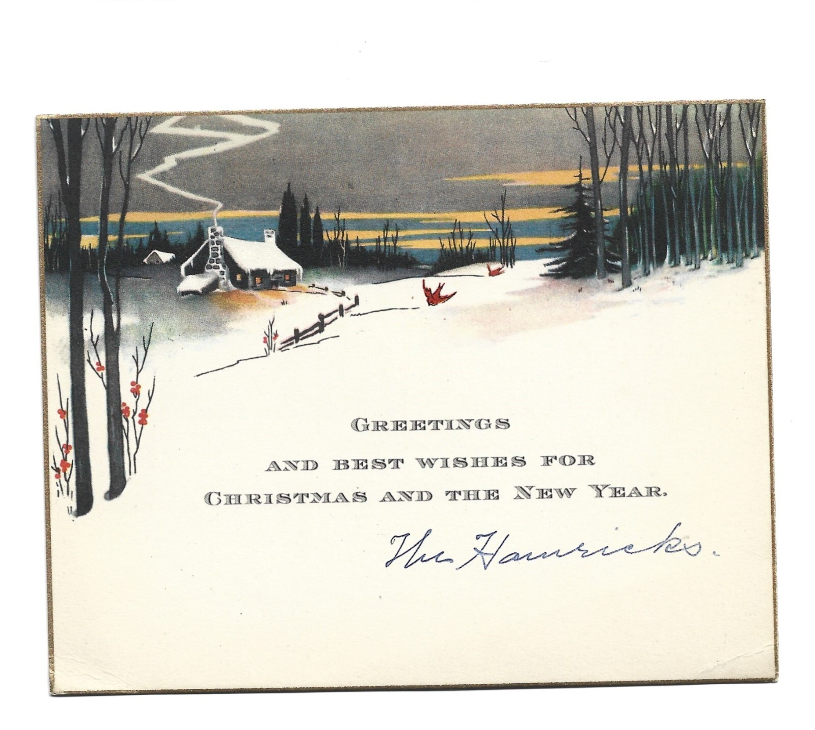 Vtg Christmas Card 1920\'s Homestead Scene Red Birds Sunset