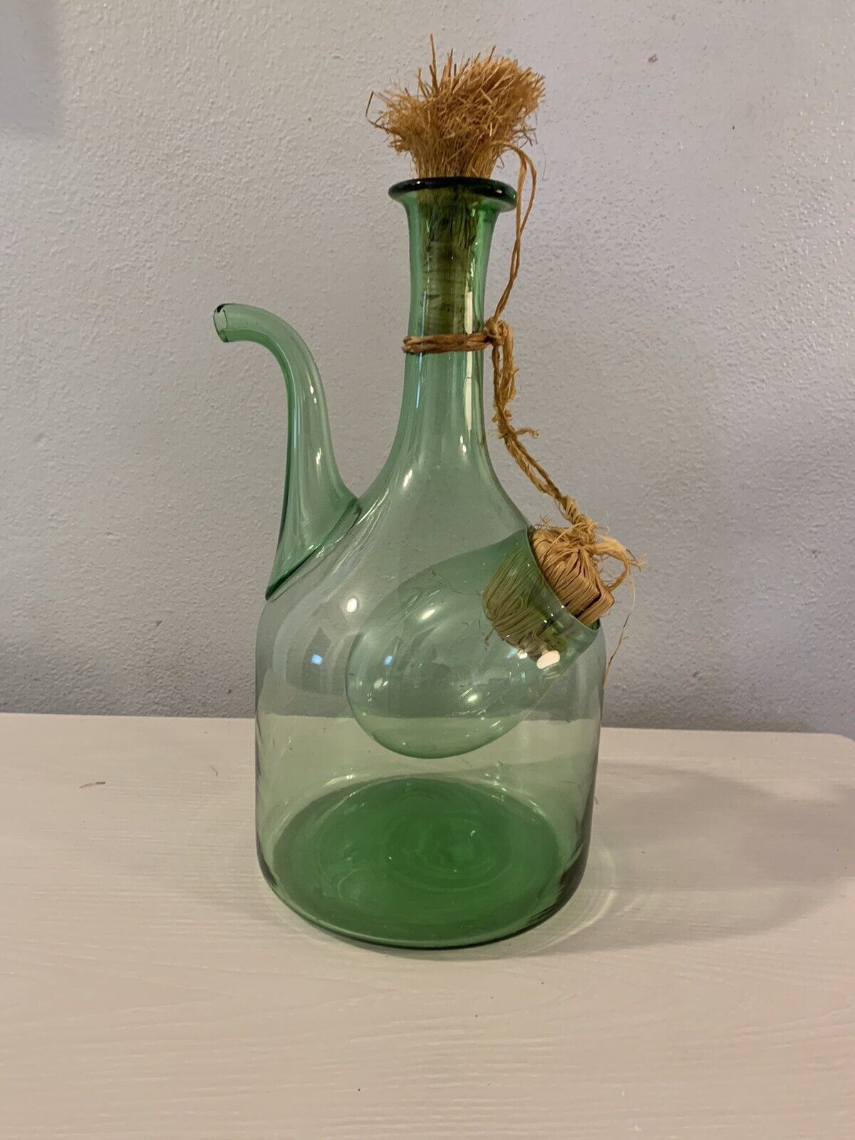 Vintage Large Hand Blown Green Glass Italian Wine Decanter With Ice Chamber