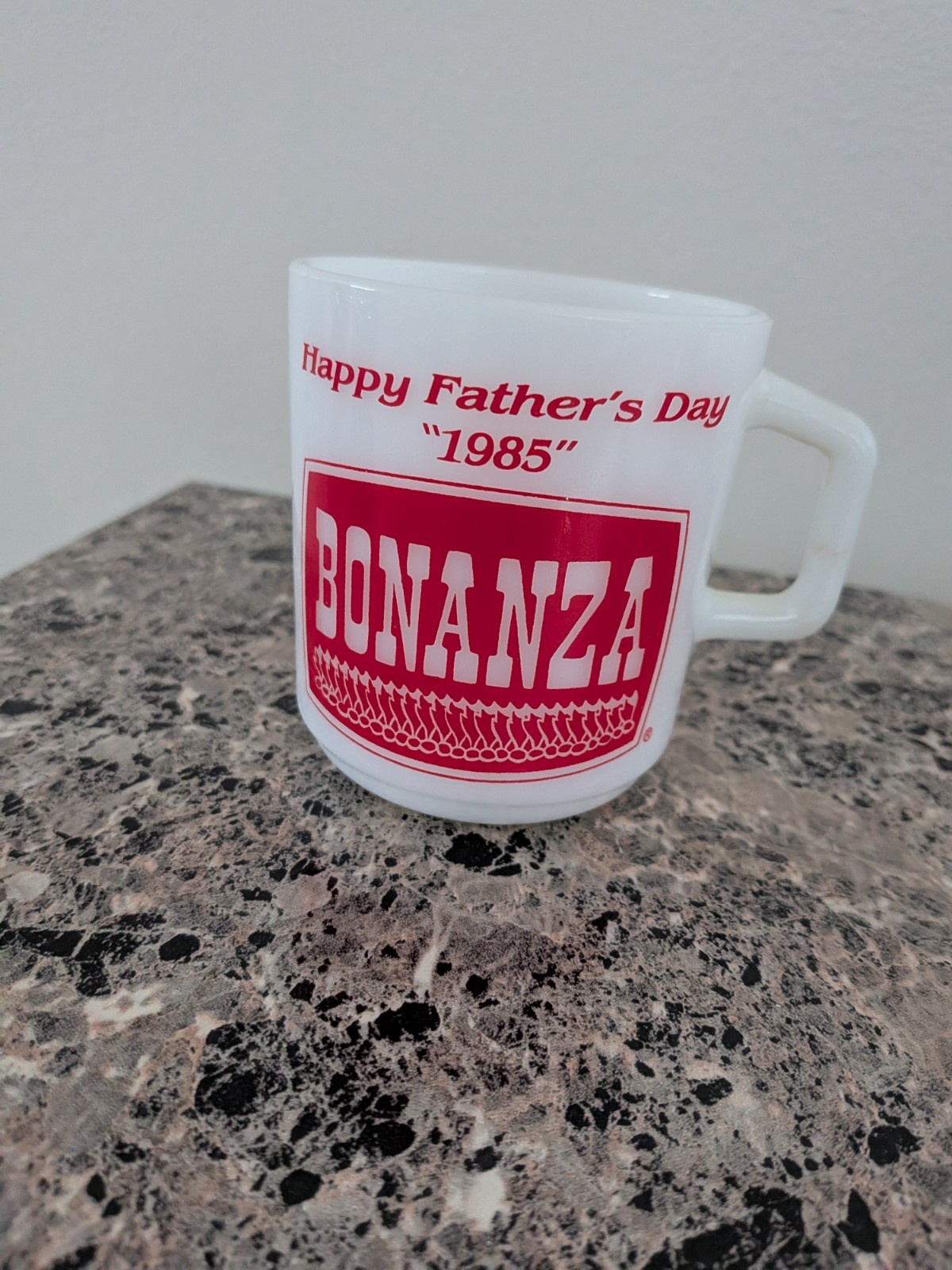 VINTAGE 1985 BONANZA STEAKHOUSE GALAXY MILK GLASS COFFEE MUG Fathers day