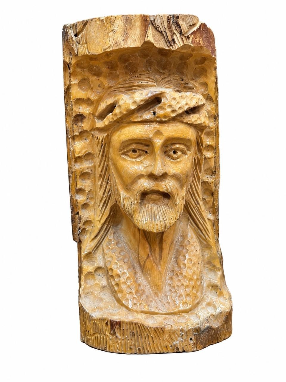 Hand Carved Olive Wood Jesus Face Statue Holy Land Wooden Christ Crust Log Decor