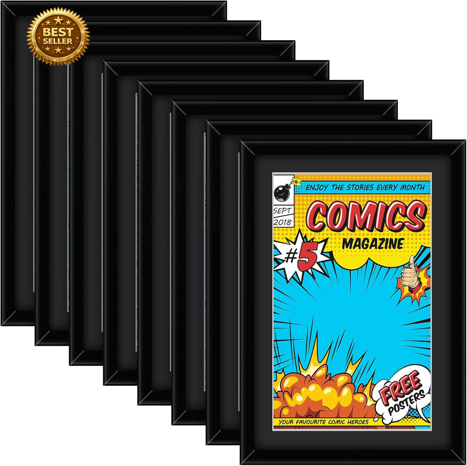 8 Pack Comic Book Frame UV Protection Display, Black (Black Mat)