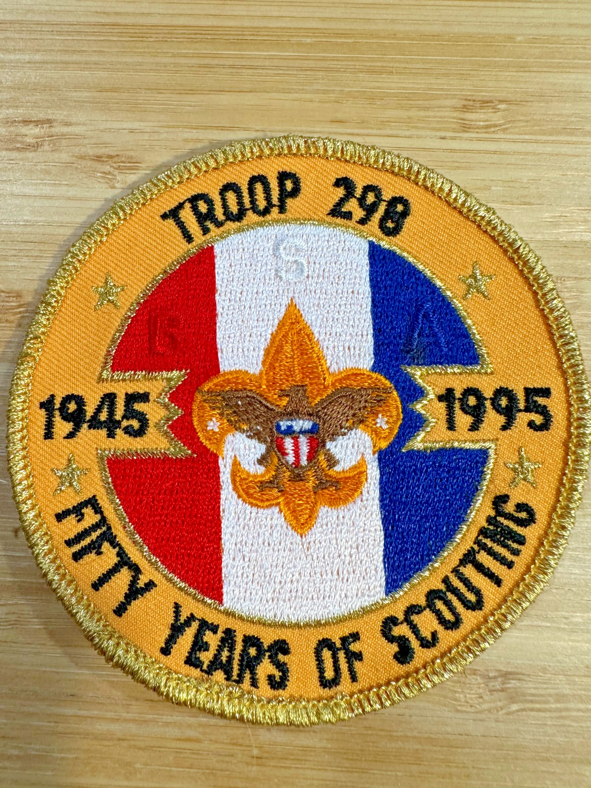 1995 BSA Troop 298 50 Years of Scouting Patch – Red White Blue Gold Anniversary
