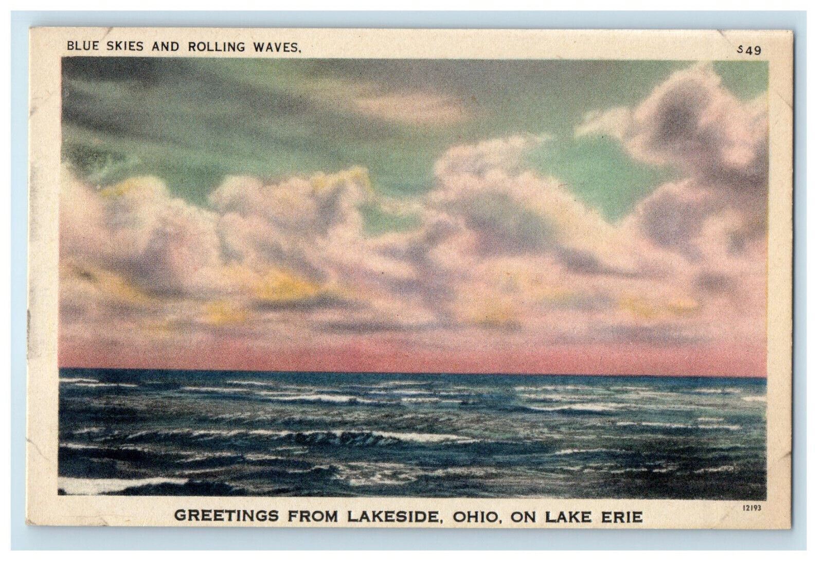 c1950s Blue Skies and Rolling Waves, Greetings From Lakeside OH Postcard
