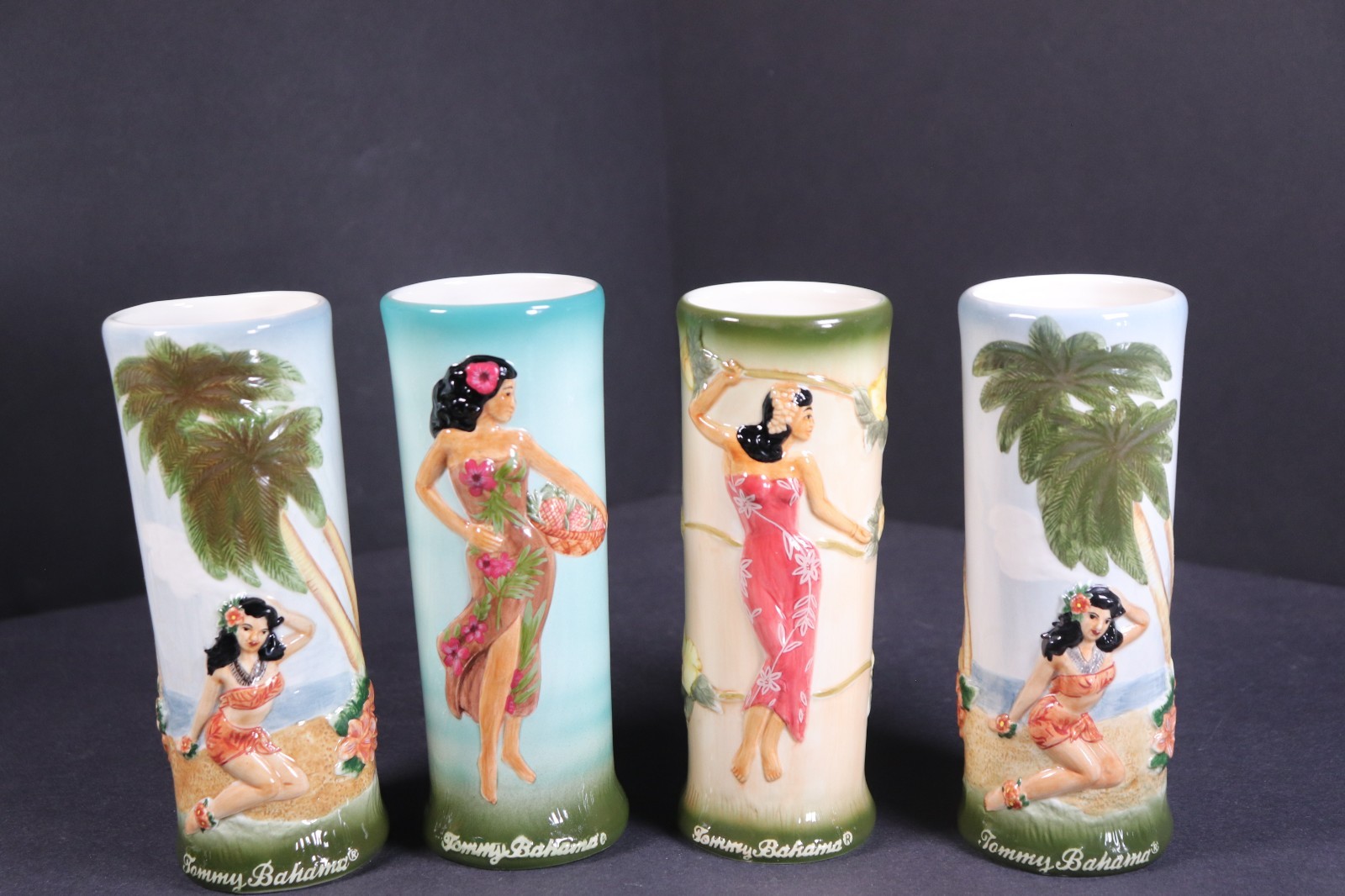 Set of 4 Tommy Bahama Hawaiian Themed Hula Tiki Mug Set