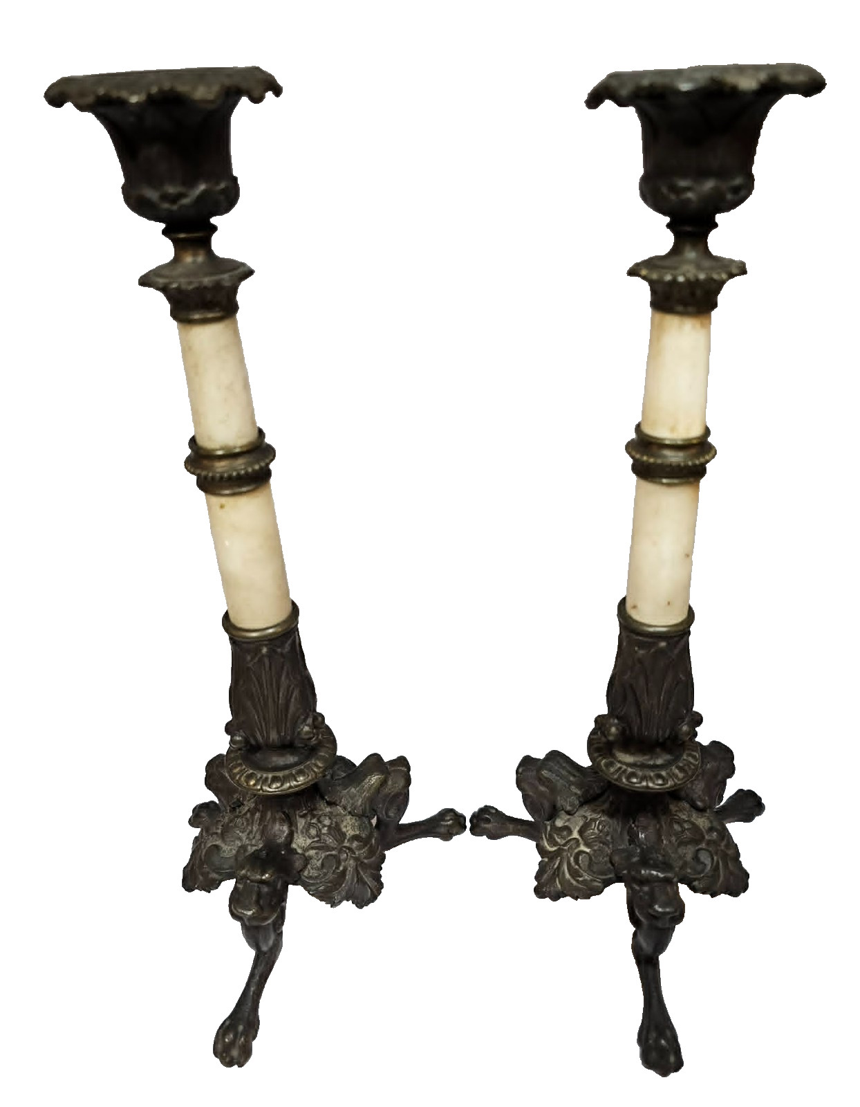 2 Pair MCM Bronze Brass Marble Candlesticks w Griffin Beast Feet Gothic Style-RE