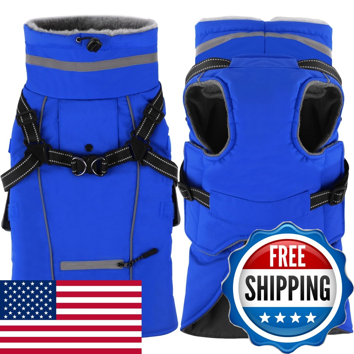 Doglay 2 in 1 Dog Coat with Harness Built-in Waterproof Jacket - Blue, M