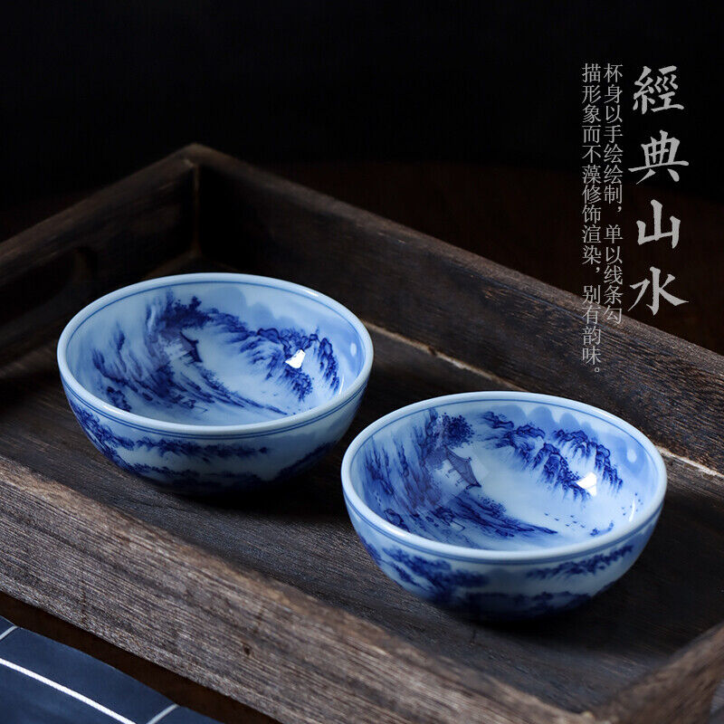 Jingdezhen Ceramic Blue and White Painted Landscape Pu'er Cup Antique Master Cup