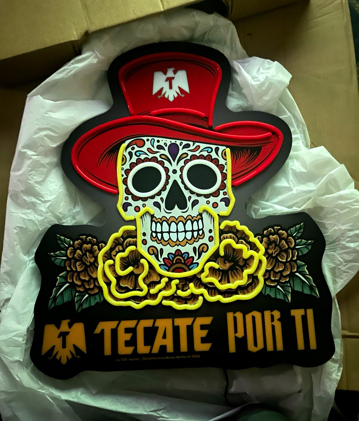 NIB 2026 Tecate Por Ti Catrin Sugar Skull Cowboy Hat Beer LED Measures 24”x 20”