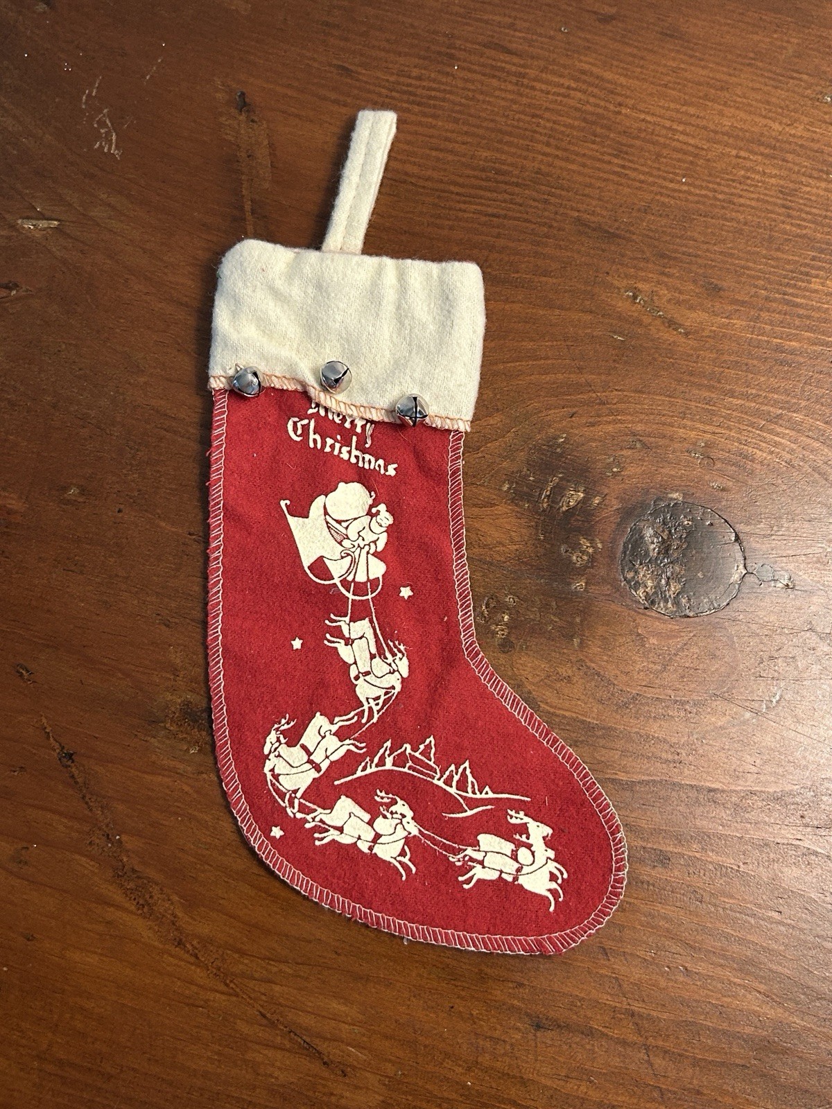 Vintage 8” Red Felt Merry Christmas stocking Jingle Bells Santa Reindeer Vintage 8” Red Felt Merry Christmas stocking Jingle Bells Santa Reindeer
