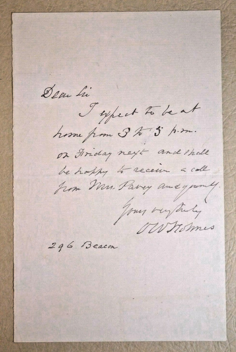 OLIVER WENDELL HOLMES, SR. Autographed letter