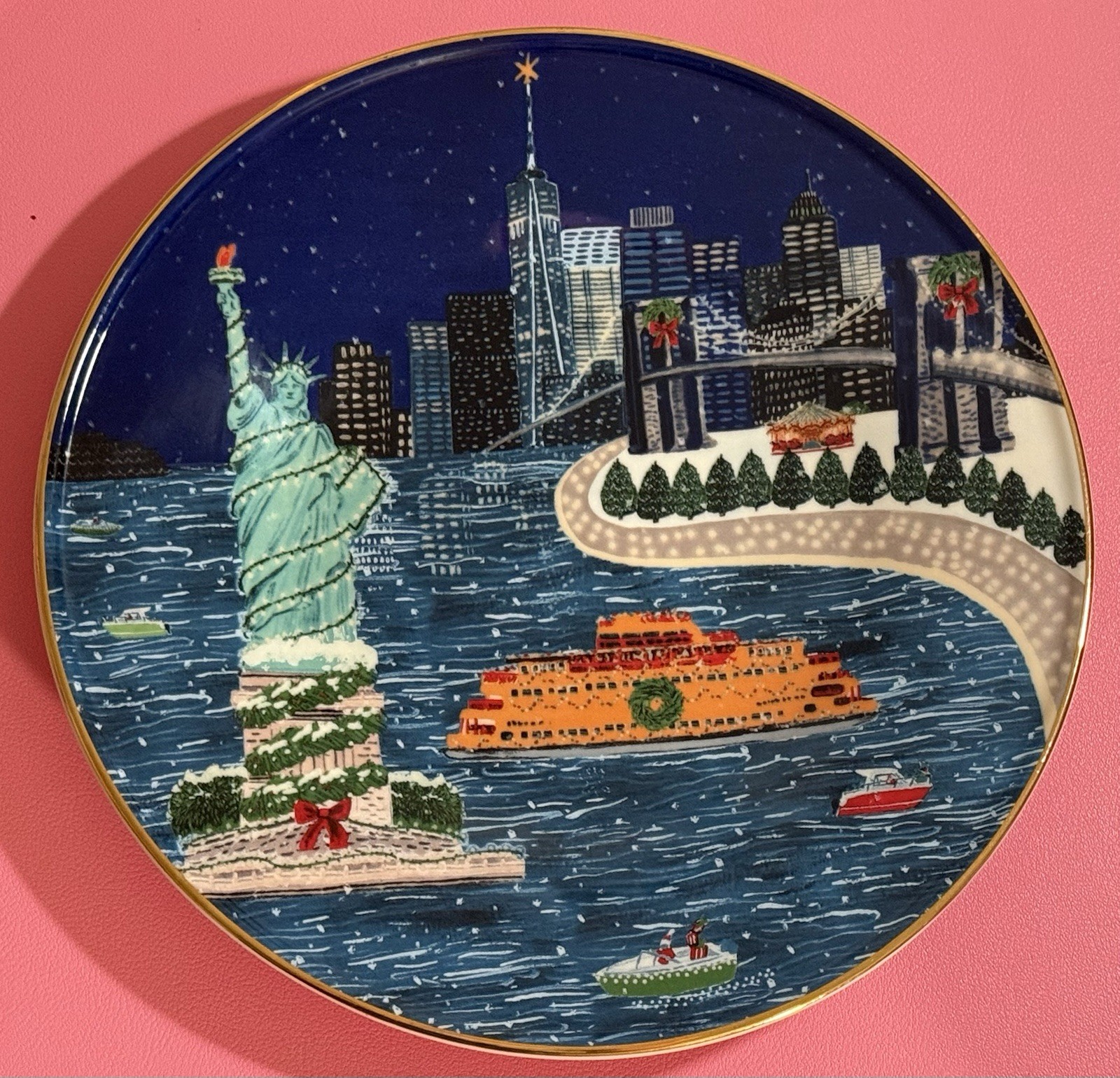 Anthropologie A New York Holiday Round Ceramic Plate, NYC Scenic Christmas
