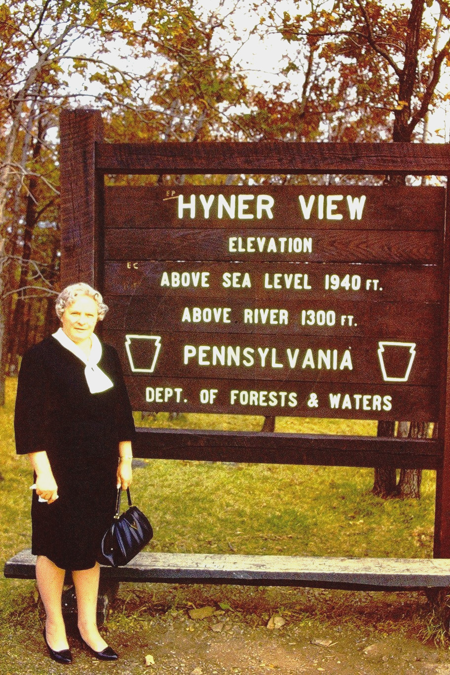 Elegant Old Woman at Hyner View Sign, Pennsylvania: 1970\'s 35mm Slide