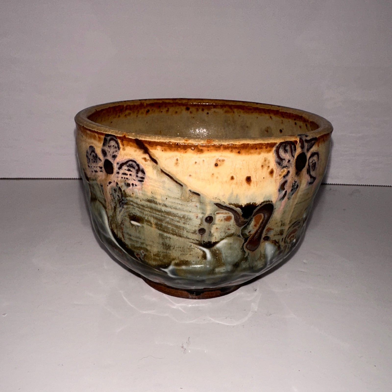 Vintage Japanese? STUDIO POTTERY Chawan TEA BOWL abstract floral glaze