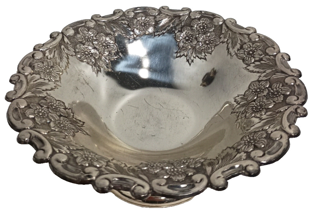 VTG Holiday Imports Silver Plated Floral Design Candy Dish Etched Ornate Footed