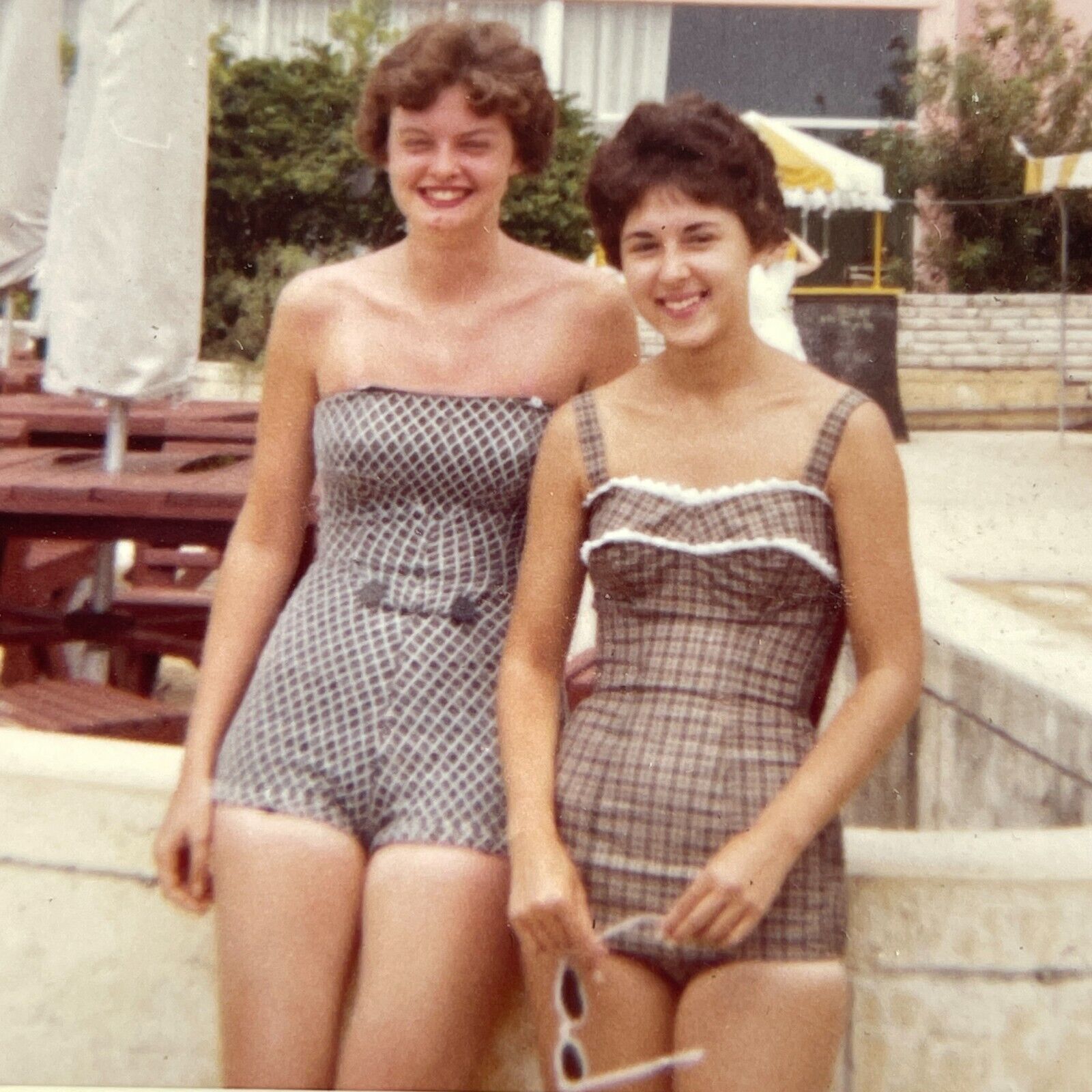 P7 Photograph 1960 2 Beautiful Women One Piece Bathing Suits Brunette Short Hair