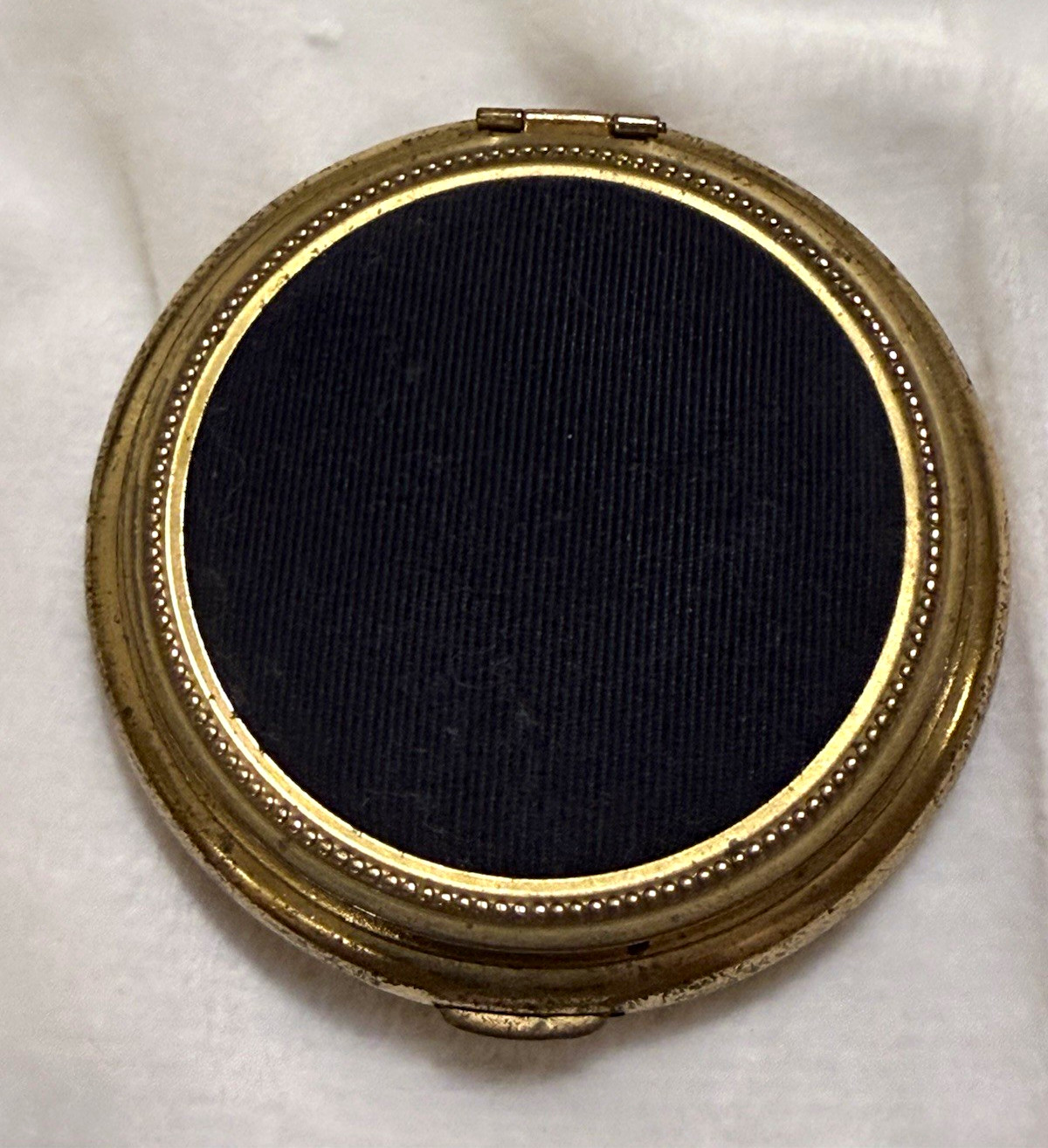 Vintage 2.5” Powder Compact Gold Tone Black Fabric Mirror Puff Sifter MCM