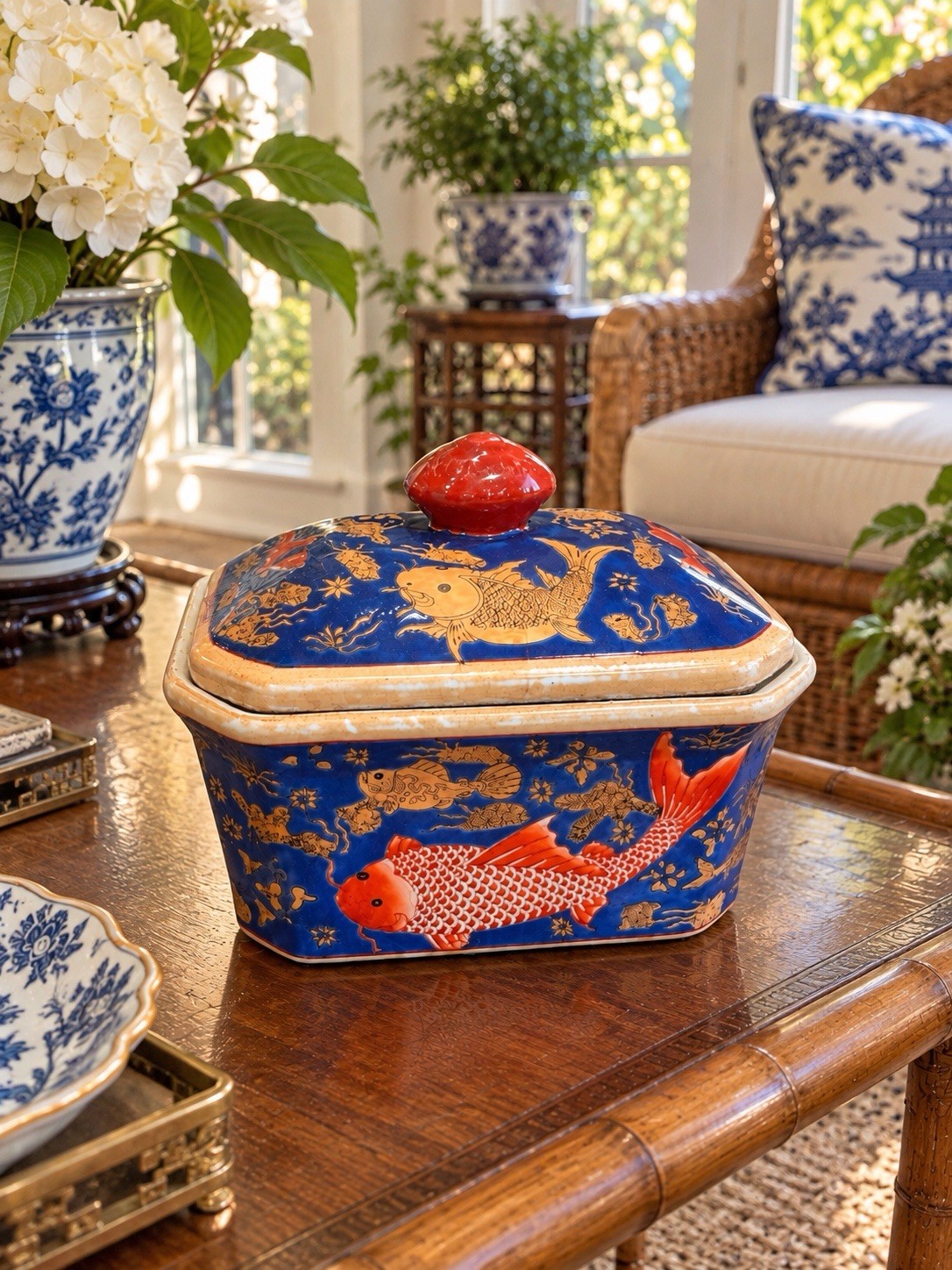 Vintage Chinese Style Koi Fish Porcelain Lidded Box Blue Red Chinoiserie 7” 