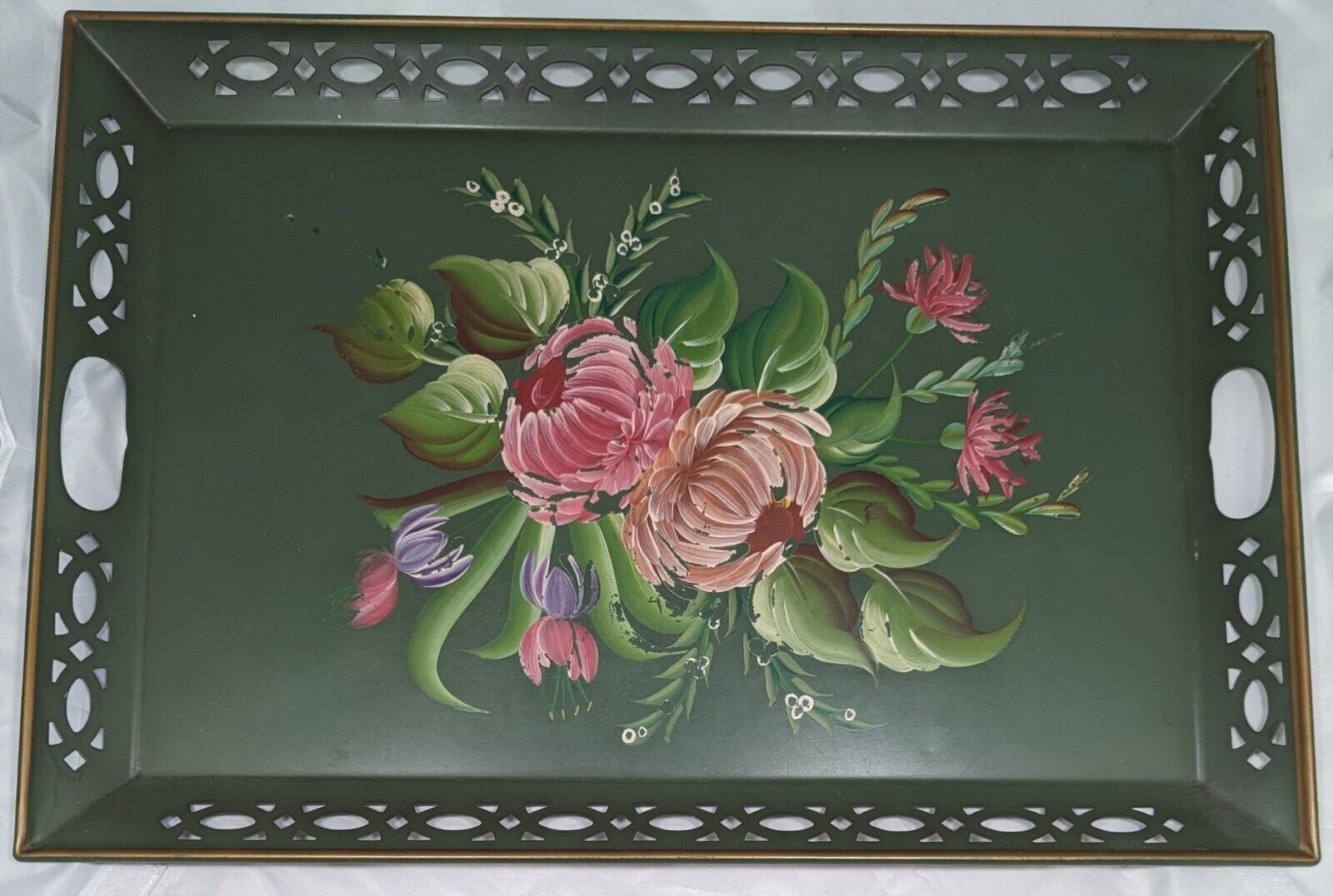 Vintage Chippy Metal Toleware Tray Hand Painted Floral on Green Large 16\