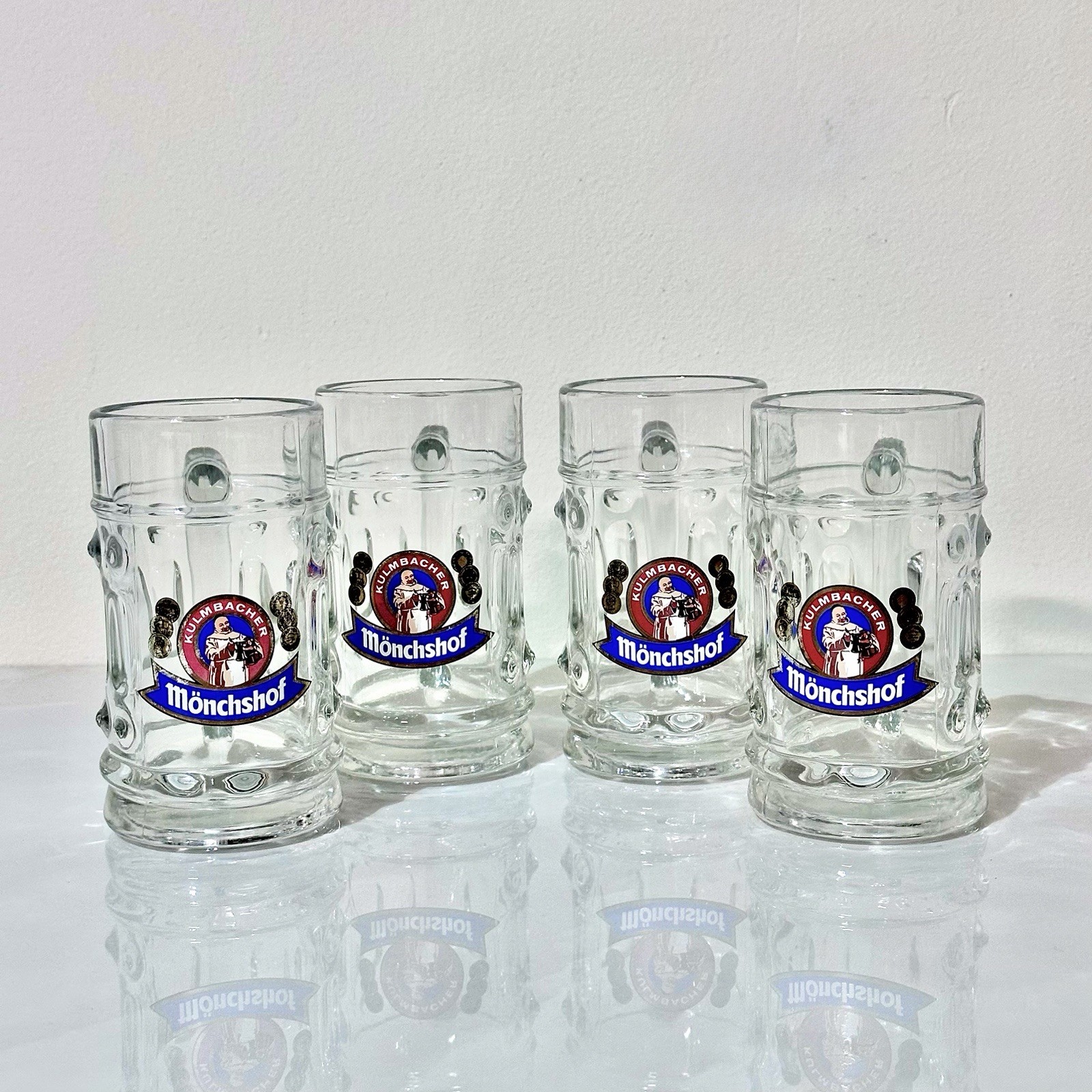Kulmbacher Mönchshof Beer Mugs Set 4 German Dimpled Glass Steins 5.5”