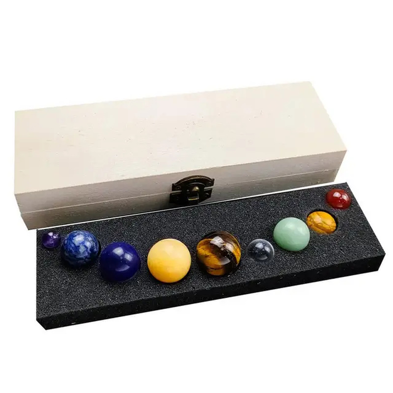 9 Planets Crystal Sphere Balls Gemstones Stone with Storage Box Feng Shui Teachi