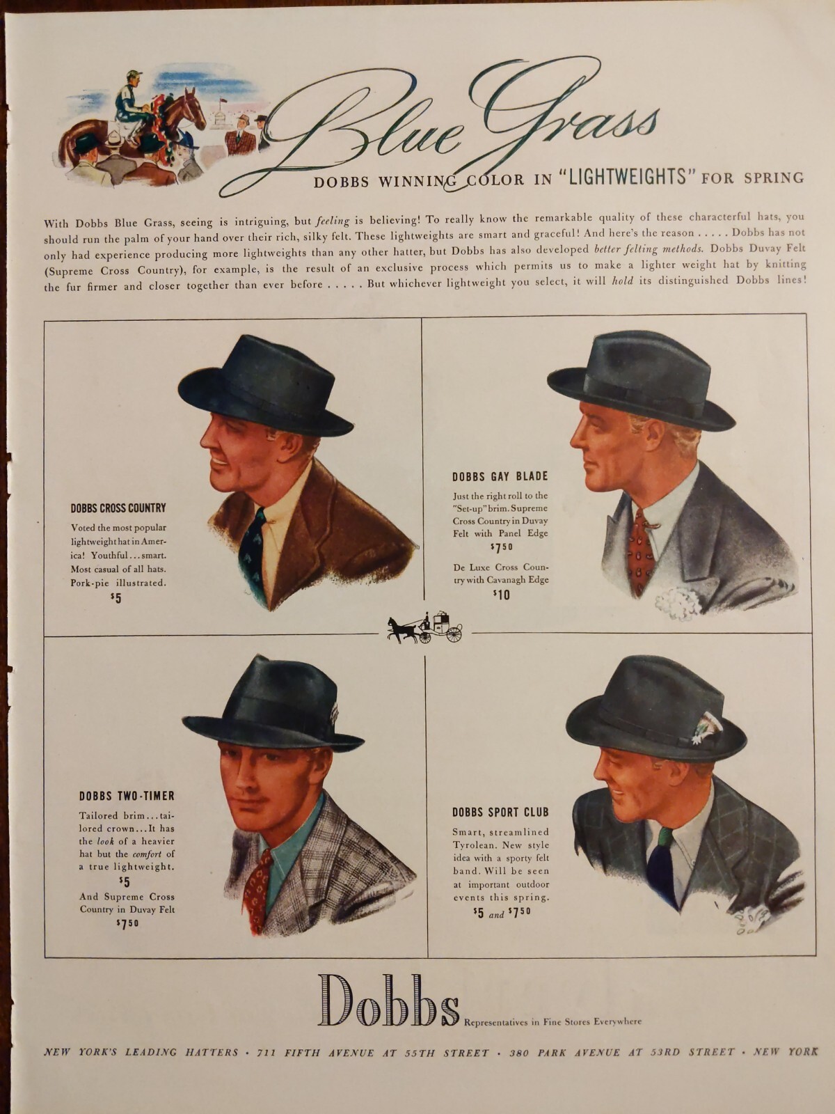 1939 vintage Dobbs hat print ad.  Pre world war ll clothing 