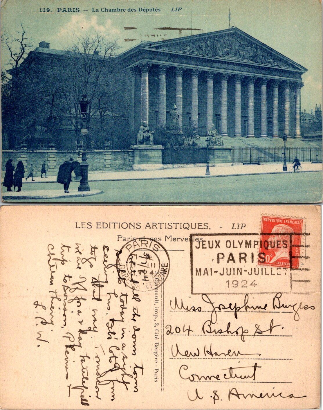 Paris La Chambre des Deputes Vintage Postcard 1924 Jeux Olympiques Postmark Paris La Chambre des Deputes Vintage Postcard 1924 Jeux Olympiques Postmark