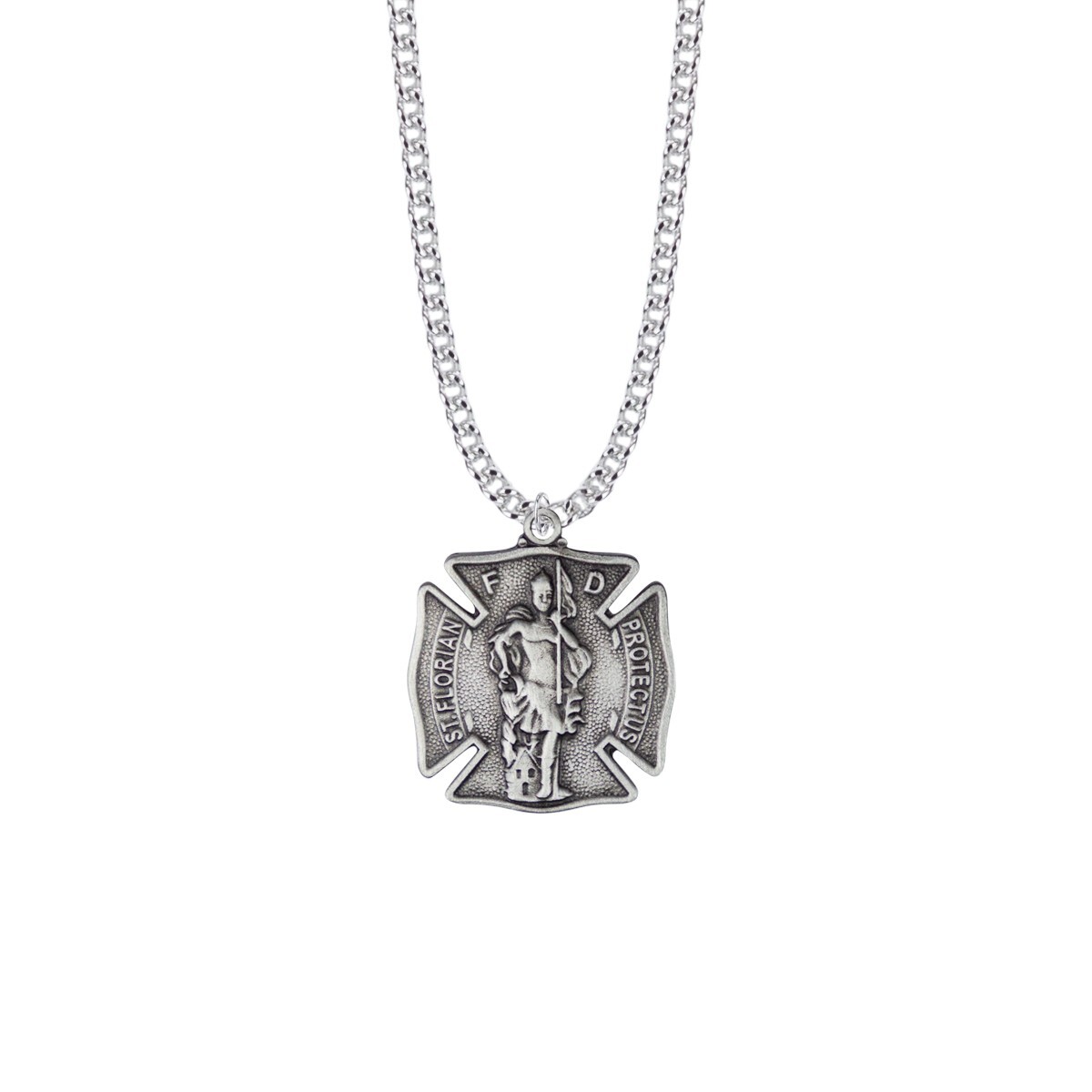 Pewter Saint Florian Shield Medal Patron Saint of Firefighters Pendant Necklace