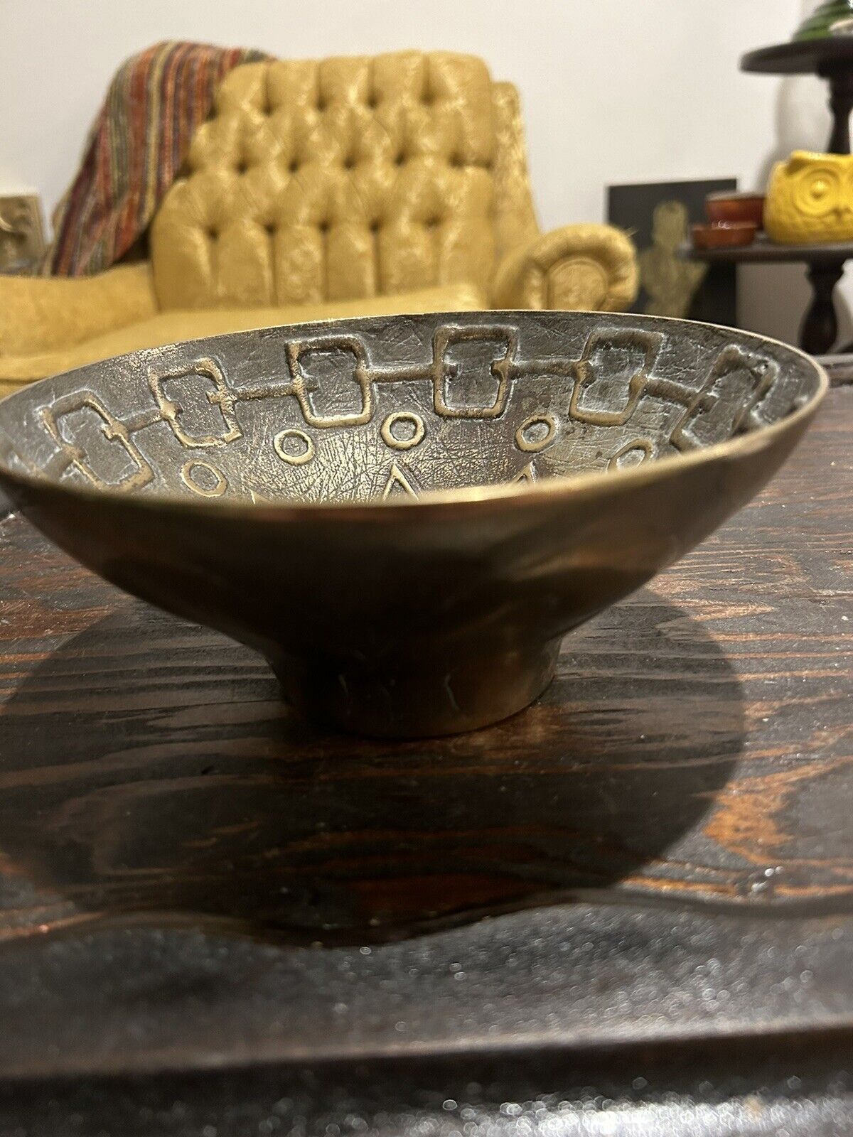Beautiful Vintage Solid Brass Bowl from Korea 7” Geometric Shapes. Heavy